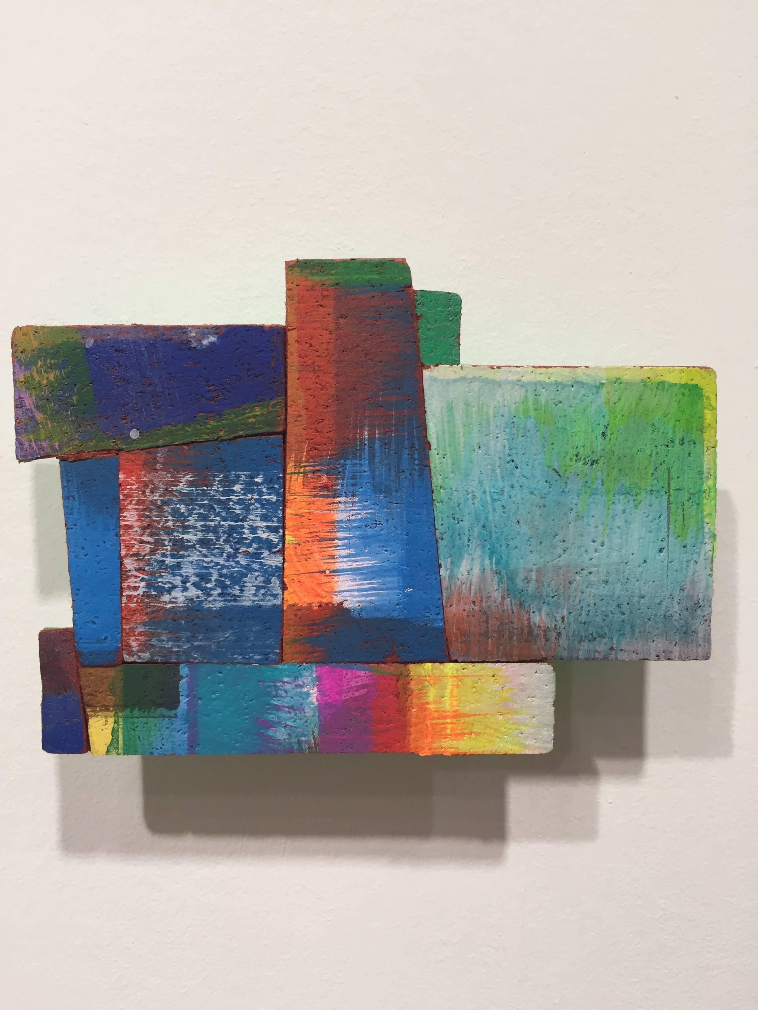Detritus #2, multicolored acrylic on pressed wood abstract wall sculpture, 2015
