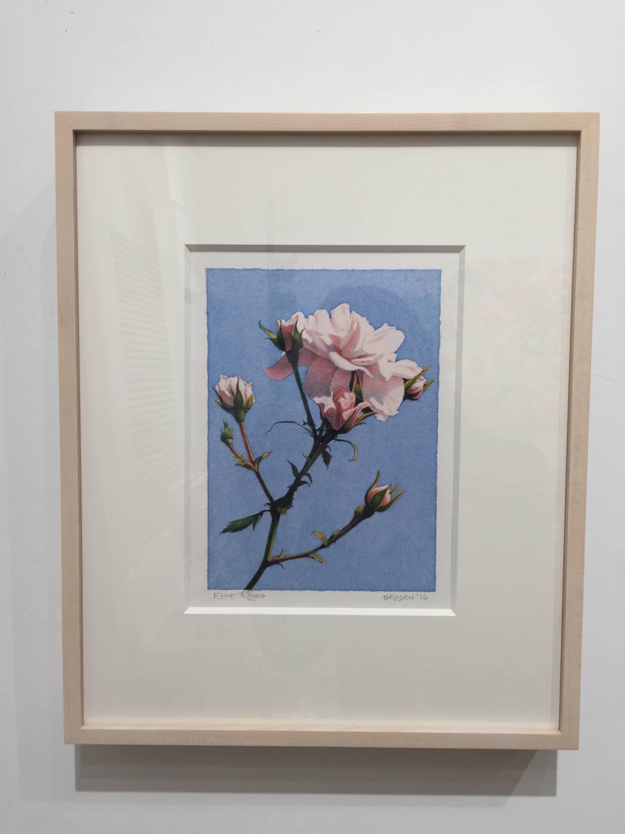 Frederick Brosen, Eight Roses, Realist graphite and watercolor painting, 2016 3