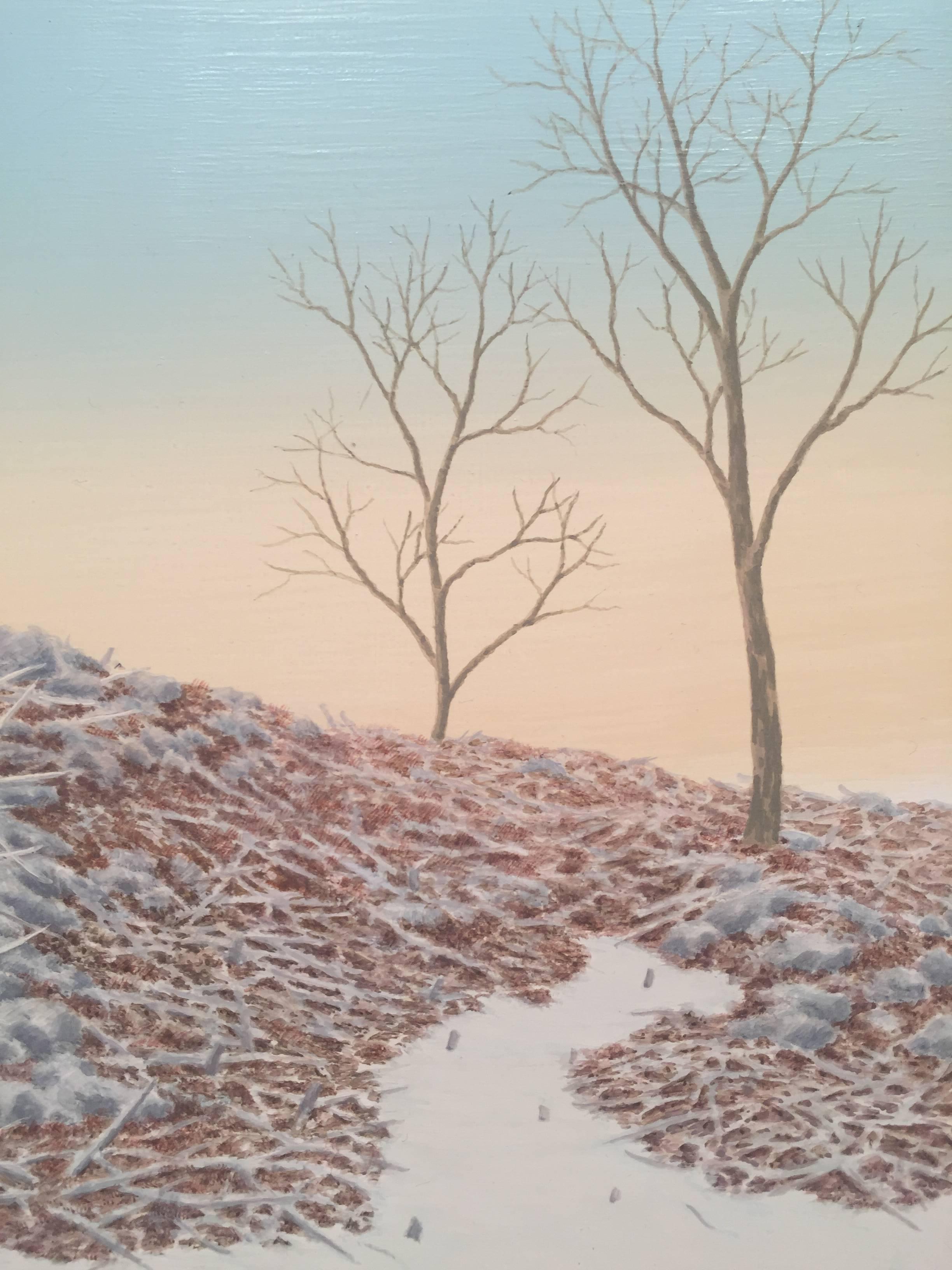 Alan Bray, Clearcut with Wildlife Trees, Casein landscape painting, 2015 2