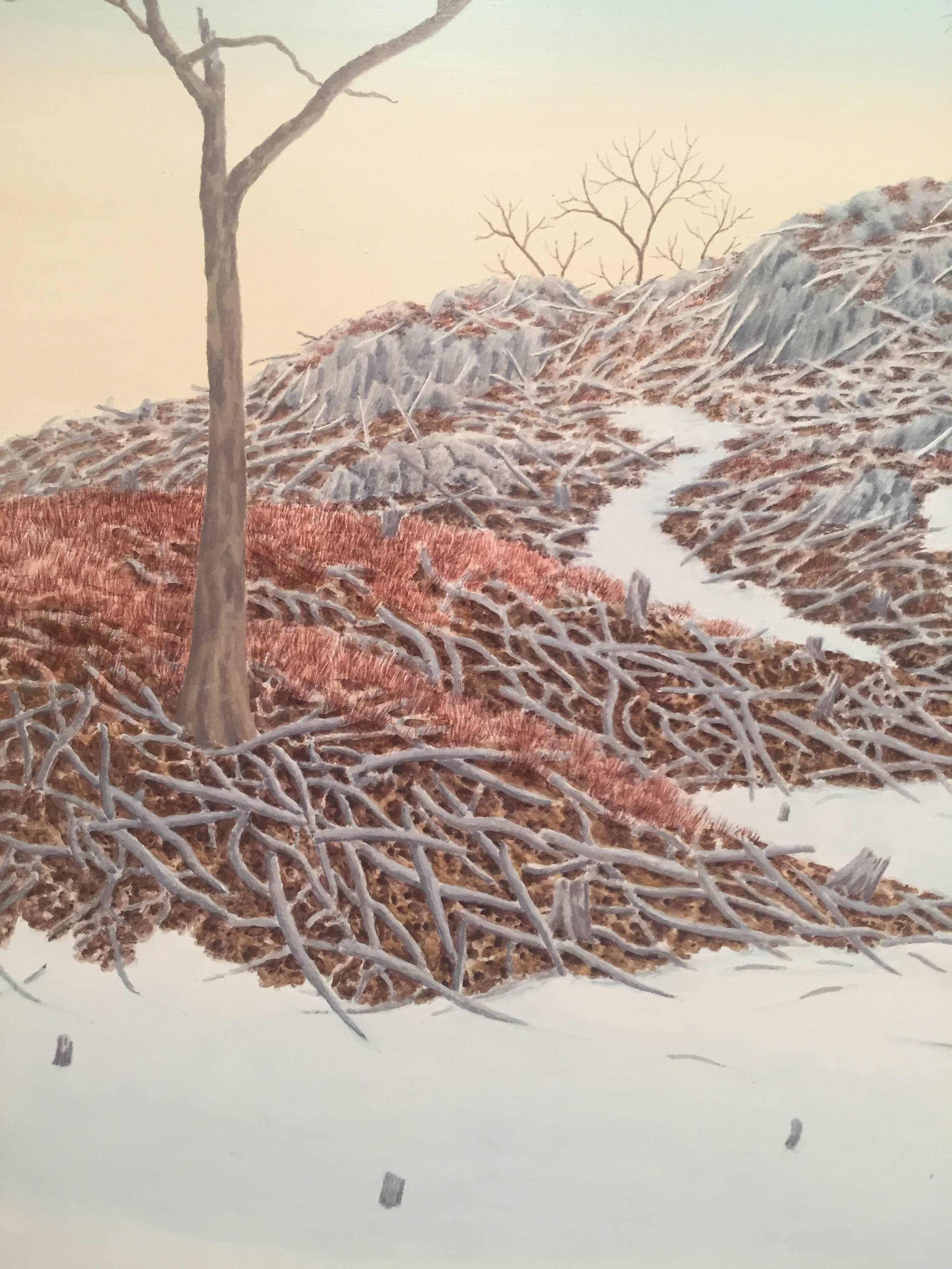 Alan Bray, Clearcut with Wildlife Trees, Casein landscape painting, 2015 3