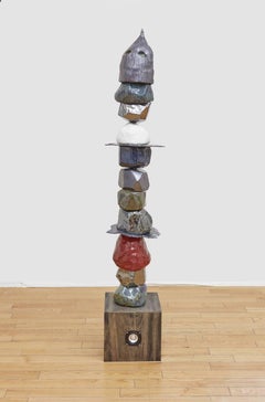 J Ivcevich, Stripedhead, Tribal ceramic, steel, and wood sculpture, 2018
