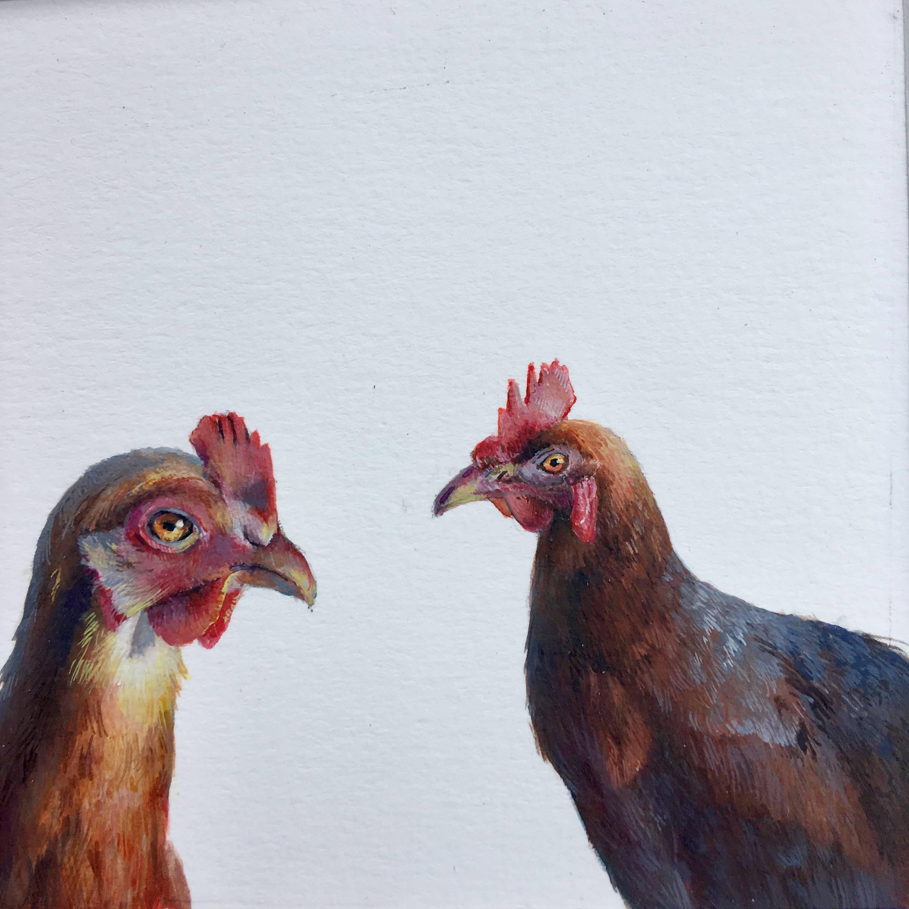 Dina Brodsky Animal Art - Dina Brodksy, Chickens, realist gouache on paper animal miniature, 2018