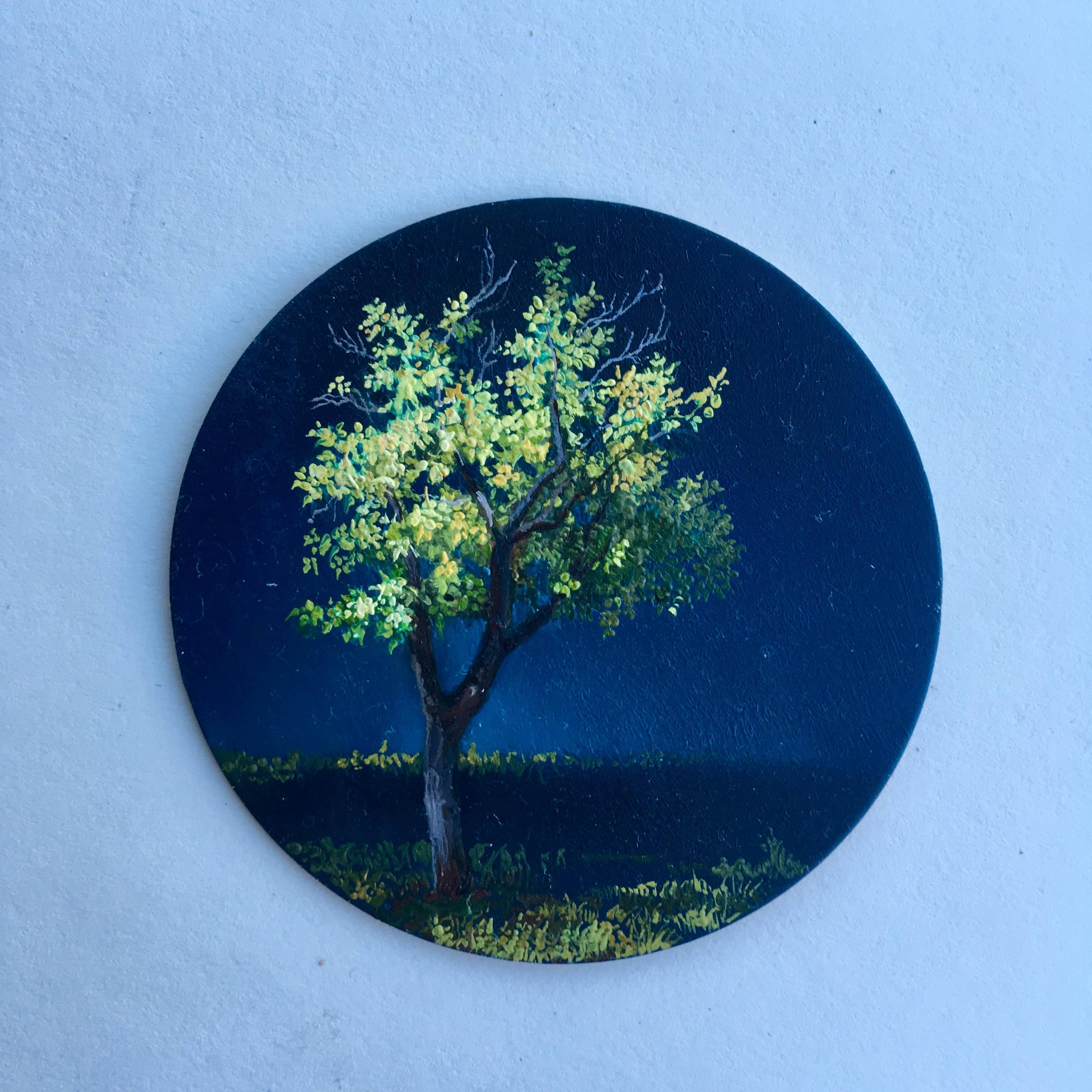 In her realist miniature tondo, "Tree, Mid-Spring," Dina Brodsky uses oil paint on copper to depict the pale, fledgling foliage in uncompromising detail. Brodsky's greens and yellows are particularly poignant against their deep blue ground. The