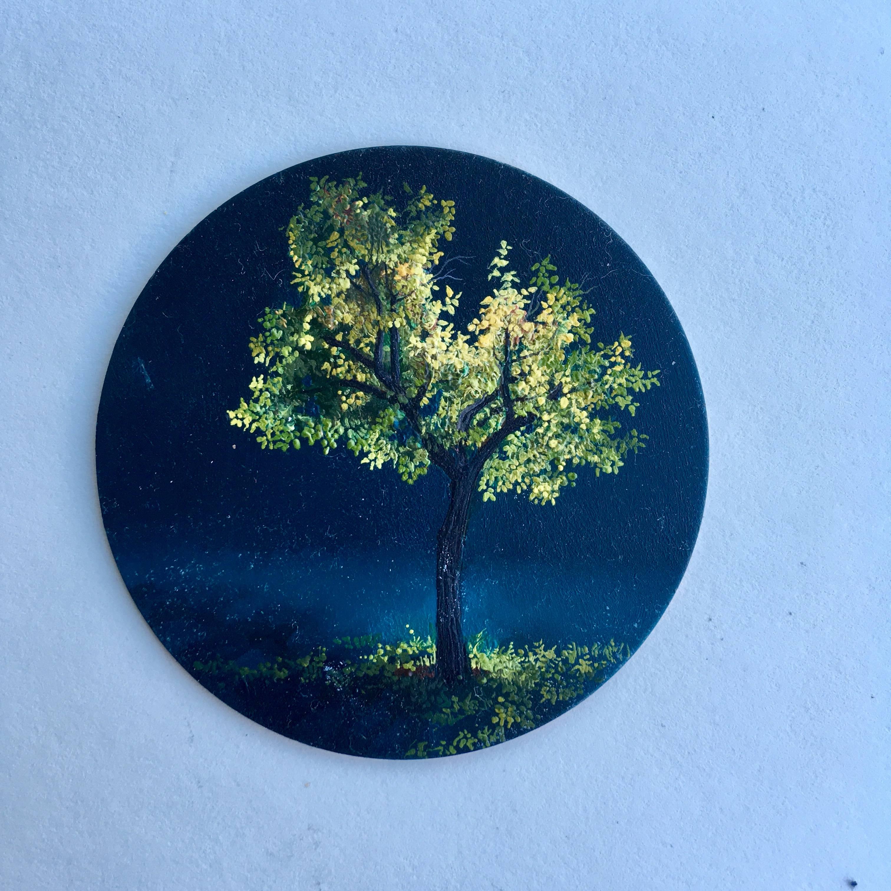 Dina Brodsky, Tree, Mid-Spring, realist oil on copper miniature tondo, 2018 1
