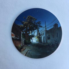 Dina Brodsky, Back Alley, Dusk, realist oil on copper miniature tondo, 2018