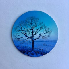 Dina Brodsky, Tree, Blue Winter, realist oil on copper miniature tondo, 2018