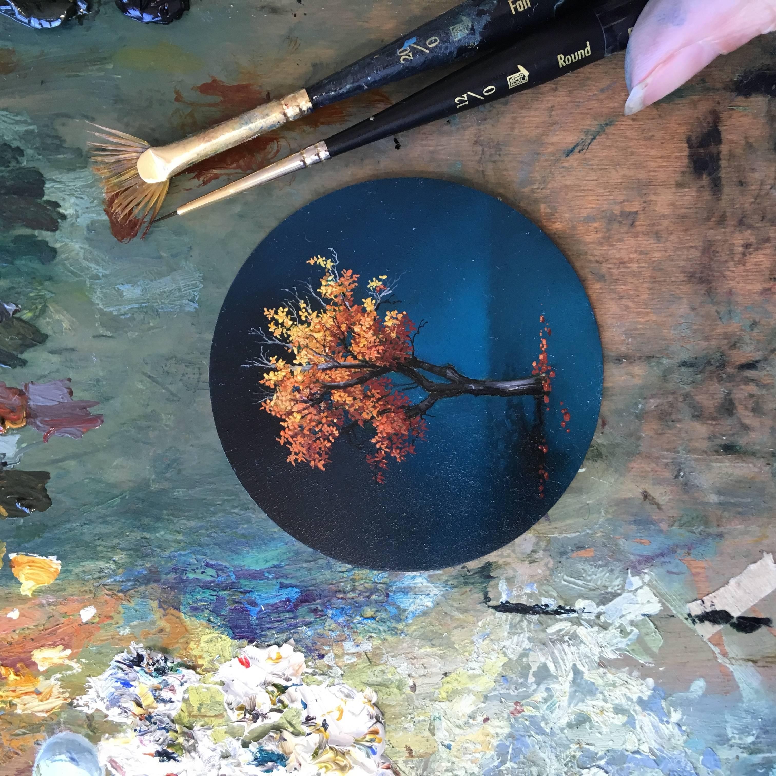 Dina Brodsky, Tree, Mid-Autumn, realist oil on copper miniature tondo, 2018 1