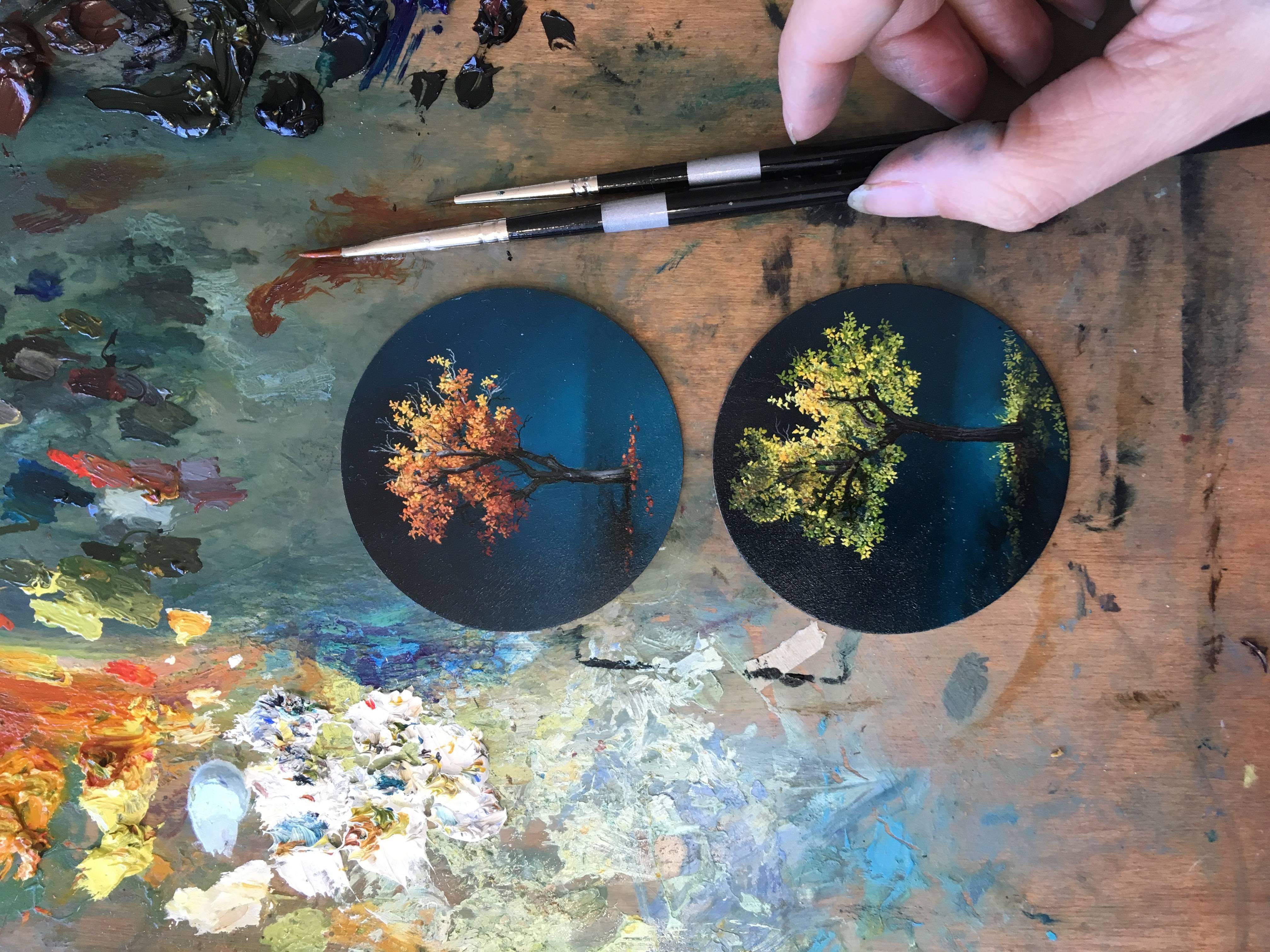 Dina Brodsky, Tree, Mid-Autumn, realist oil on copper miniature tondo, 2018 2