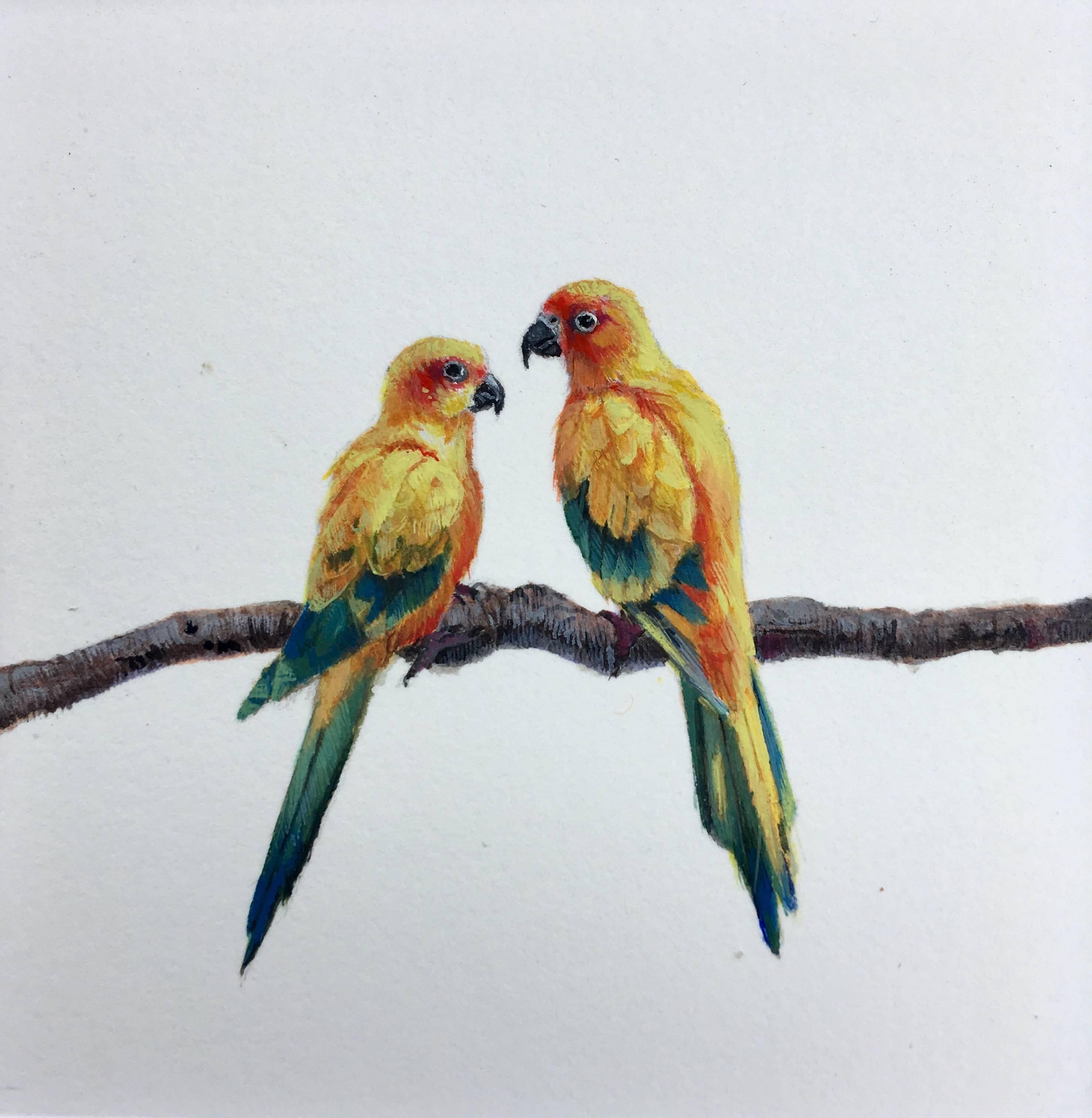 Dina Brodskys realistische Tierminiatur "Parrots" (2018), Gouache auf Papier, zeigt ein Paar vielfarbiger Papageien, die auf einem kleinen Zweig hocken. Die leuchtend gesättigten gelben, limonenfarbenen und orangefarbenen Federn des Vogels sind so