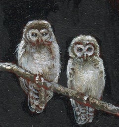 Dina Brodsky, Tiny Owls, Realist oil on mylar miniature, 2018