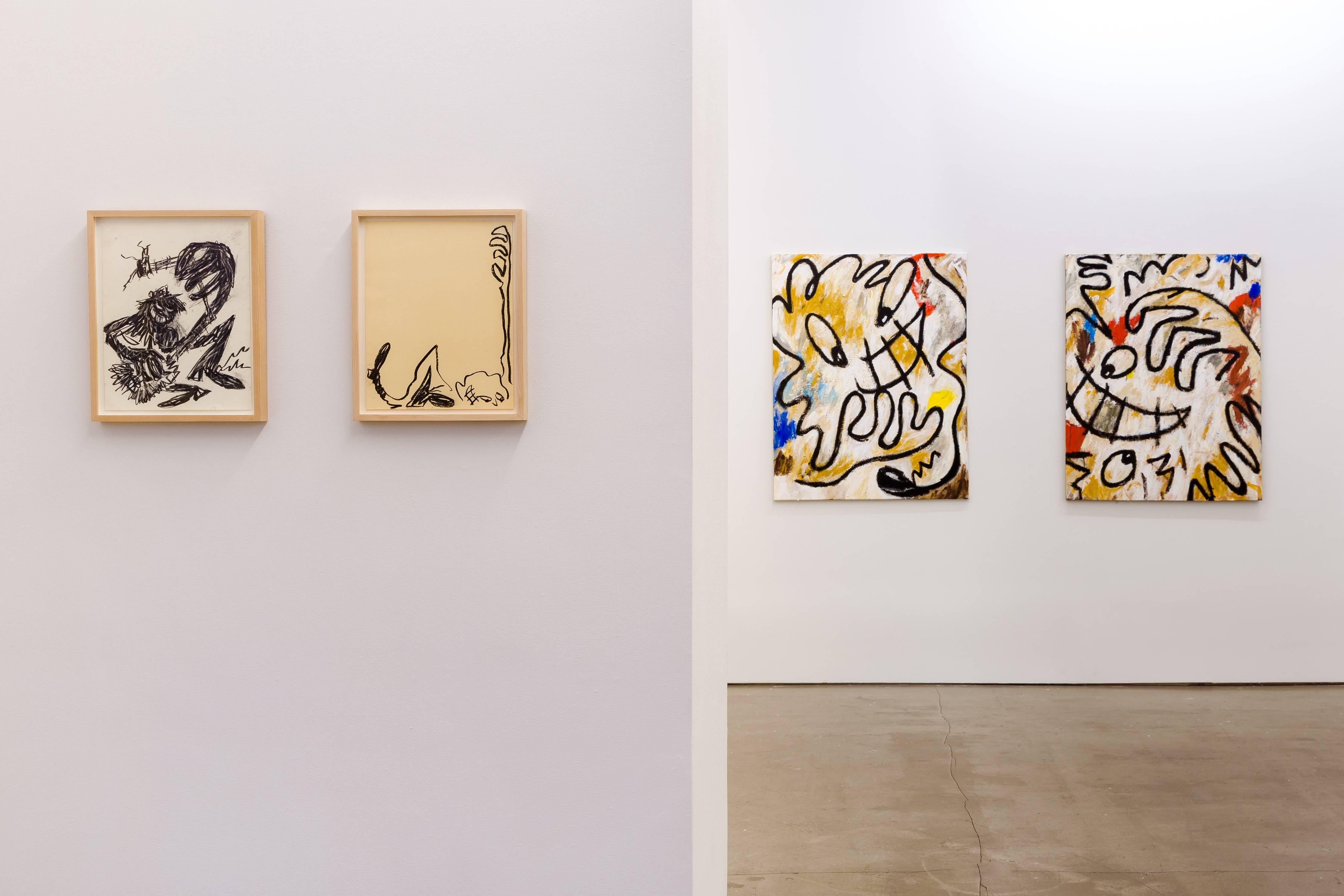 Ricardo Gonzalez utilizes a limited palette, simplified mark-making, and sense of humor to explore the language of expressionistic painting and drawing. His work draws on his own automatic drawings, urban wall scribbles that populate his environment