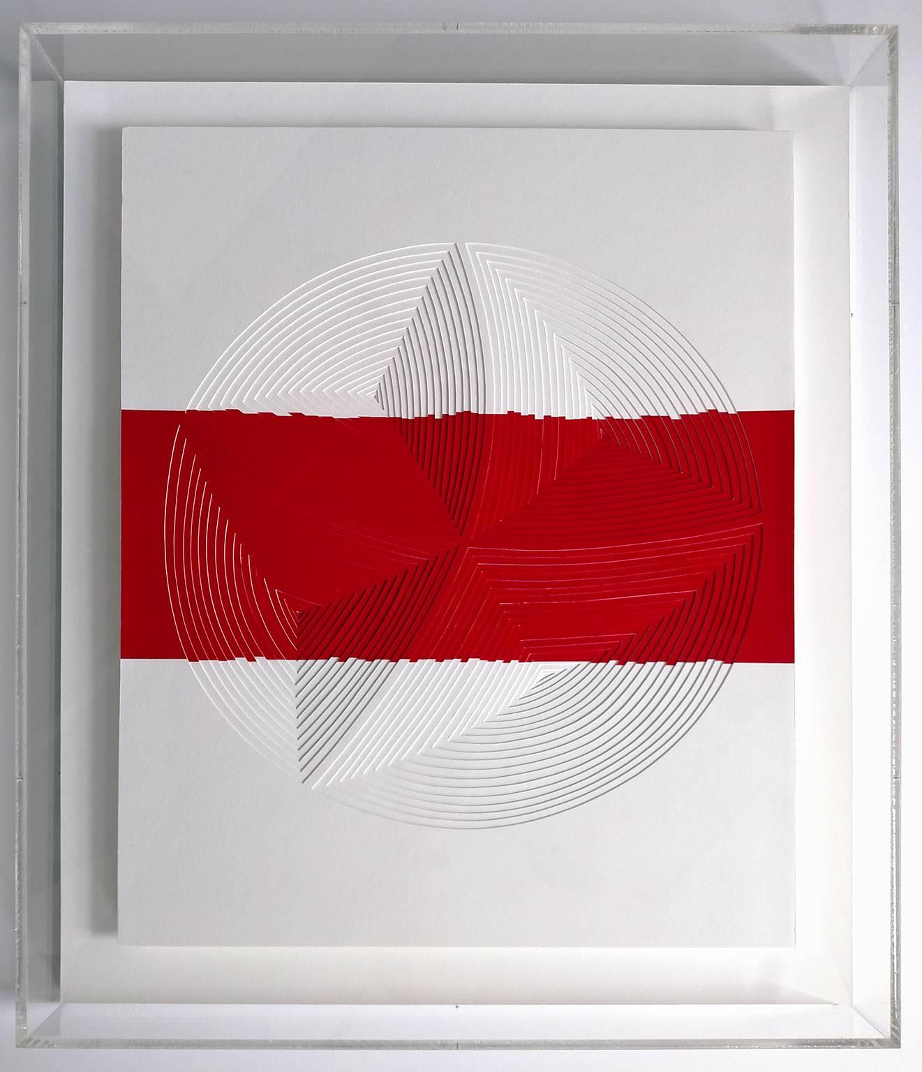 Freehand Cut with Surgical Scalpel on 2 ply Museum Board: Red & White Strip-Out'