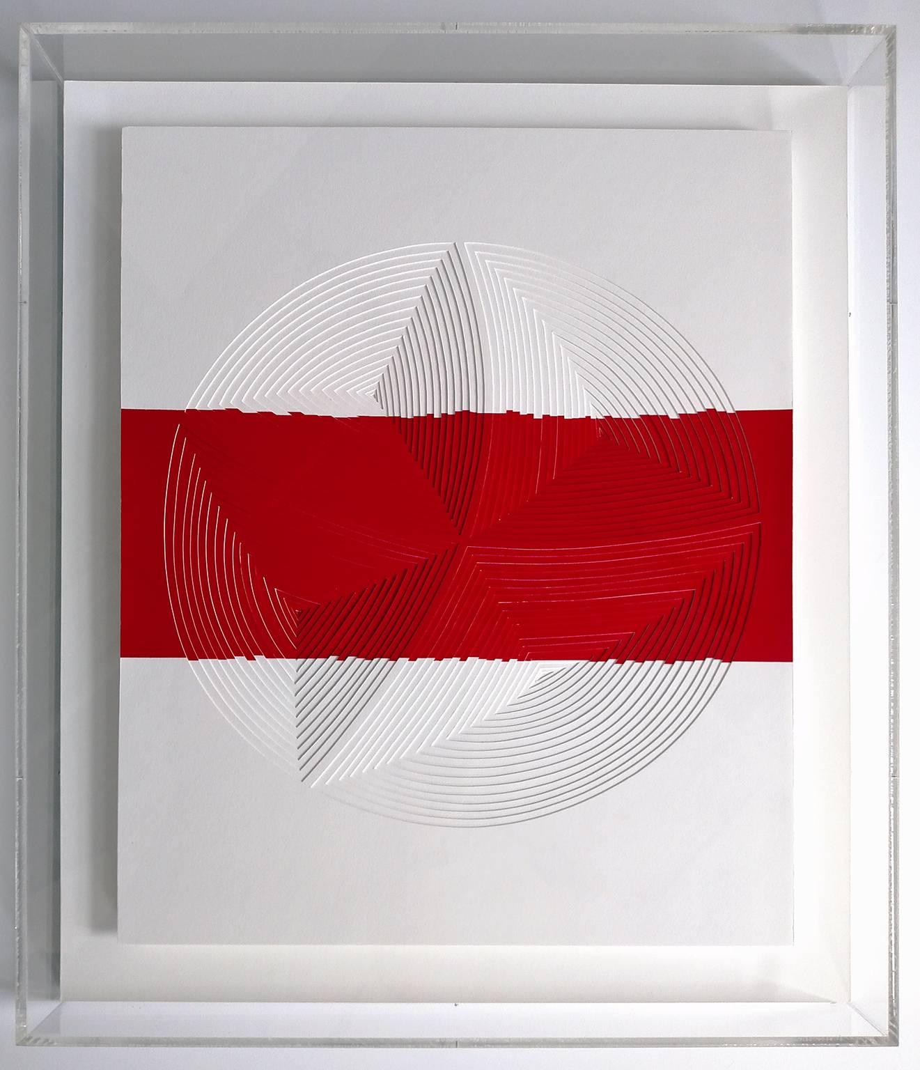 Freehand Cut with Surgical Scalpel on 2 ply Museum Board: Red & White Strip-Out'