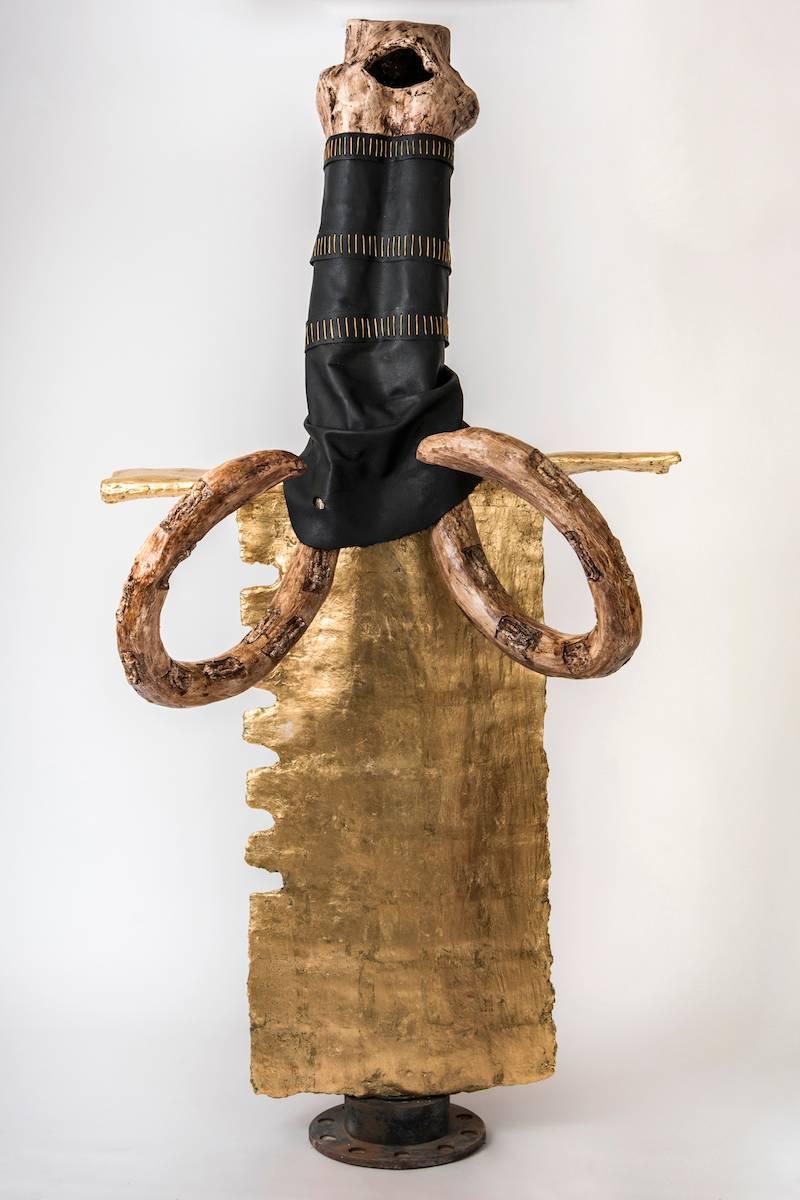 Joshua Goode Abstract Sculpture - The Cyclops Sword with Mammoth Skull, Craved Tusks Hilt & broken Golden Blade