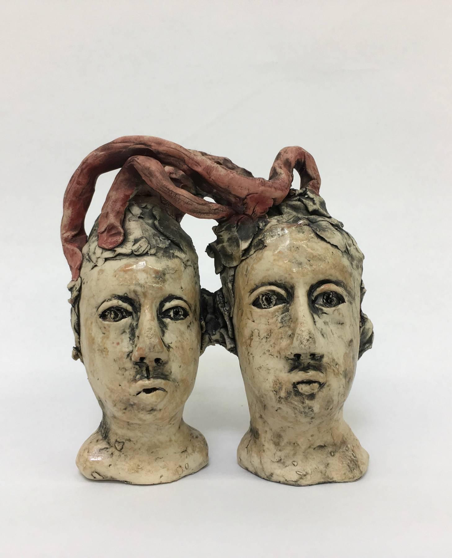 Ashley Benton Figurative Sculpture - Ceramic Sculpture, Two connected heads: 'Cosmic Connection'