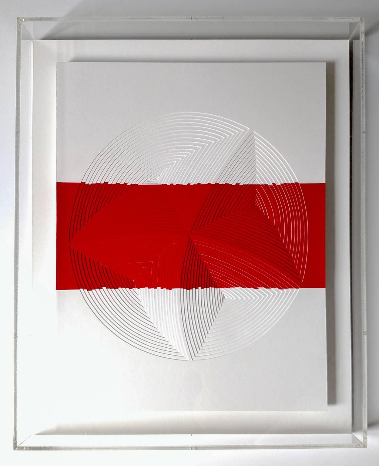 Cut w/ Surgical Scalpel on 2 ply Museum Board: 'Red & White Stripe Circle-In' - Mixed Media Art by Elizabeth Gregory-Gruen