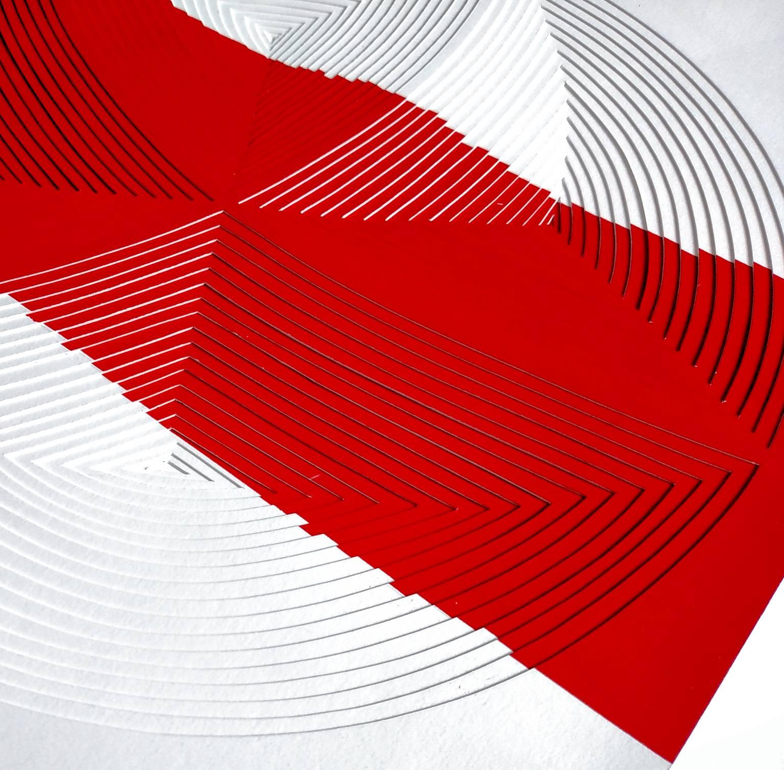 Cut w/ Surgical Scalpel on 2 ply Museum Board: 'Red & White Stripe Circle-In' - Contemporary Mixed Media Art by Elizabeth Gregory-Gruen