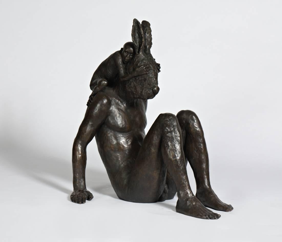 Beth Carter Figurative Sculpture - Monkey and Hare, bronze sculpture