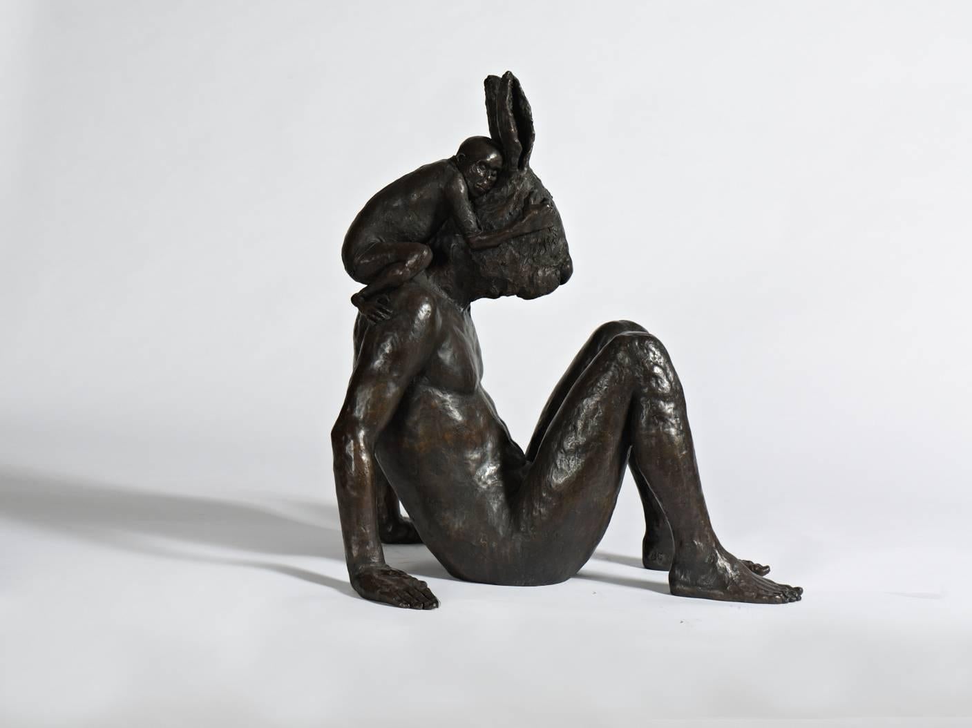 Monkey and Hare, bronze sculpture - Gold Figurative Sculpture by Beth Carter