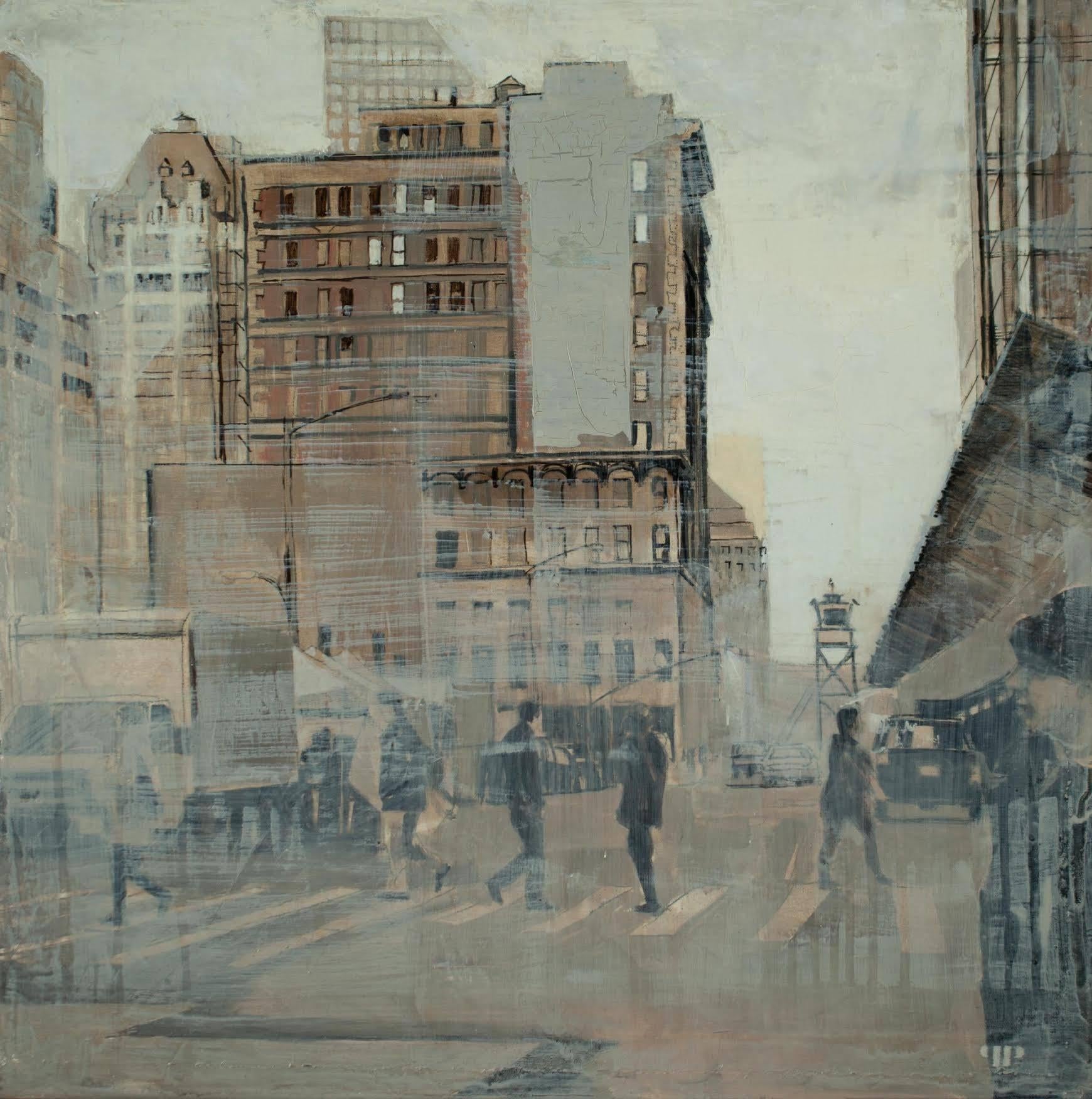 Patrick Pietropoli Landscape Painting - Broadway, Financial Center, oil paint and silver