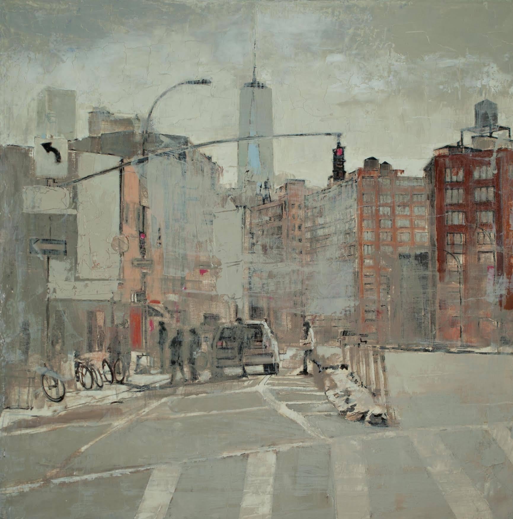 Patrick Pietropoli Landscape Painting - 7th Ave, West Village, oil paint and silver