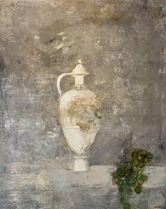 Vase and Grapes, oil paint and wax on canvas