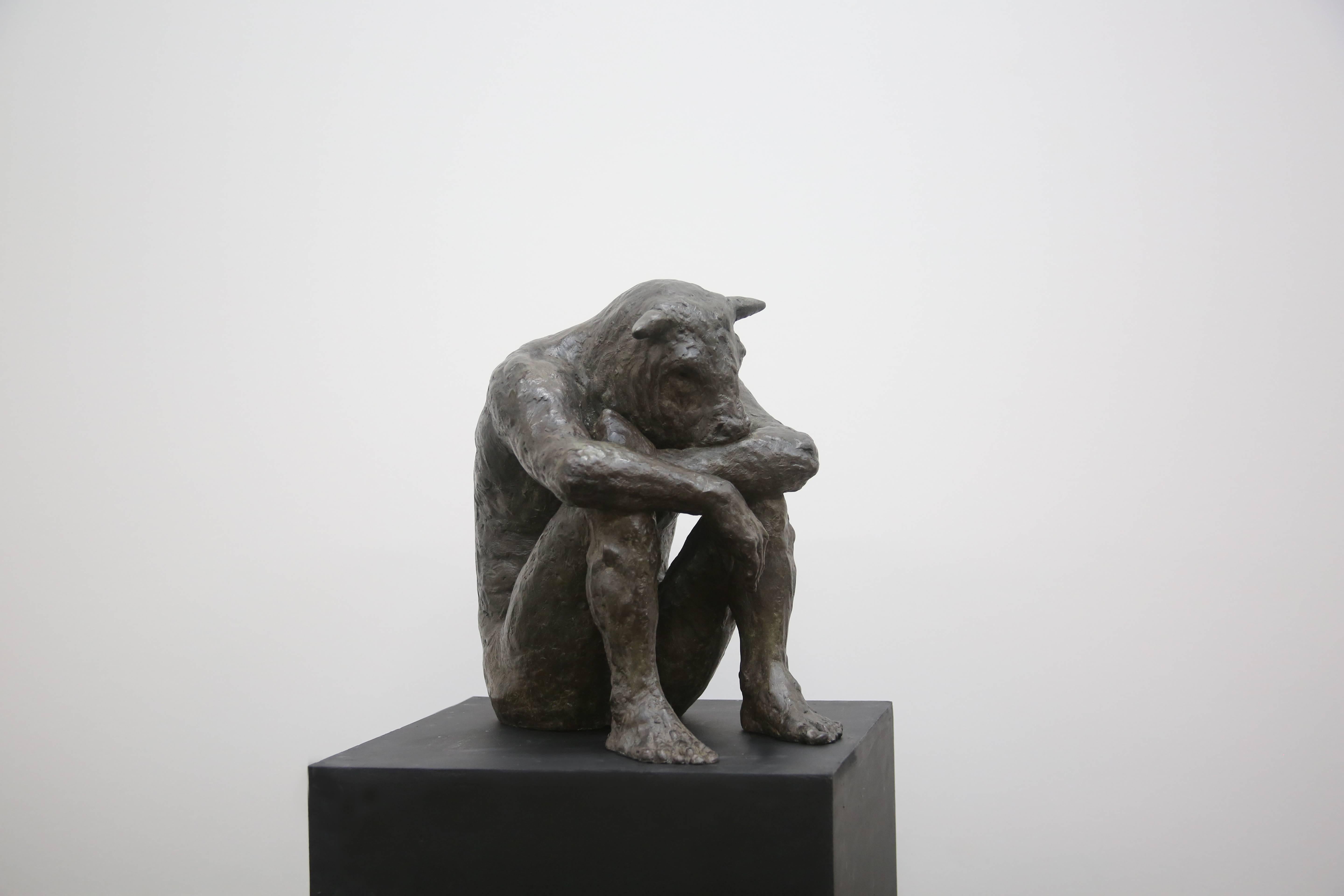 Beth Carter Figurative Sculpture - Sitting Minotaur, bronze sculpture