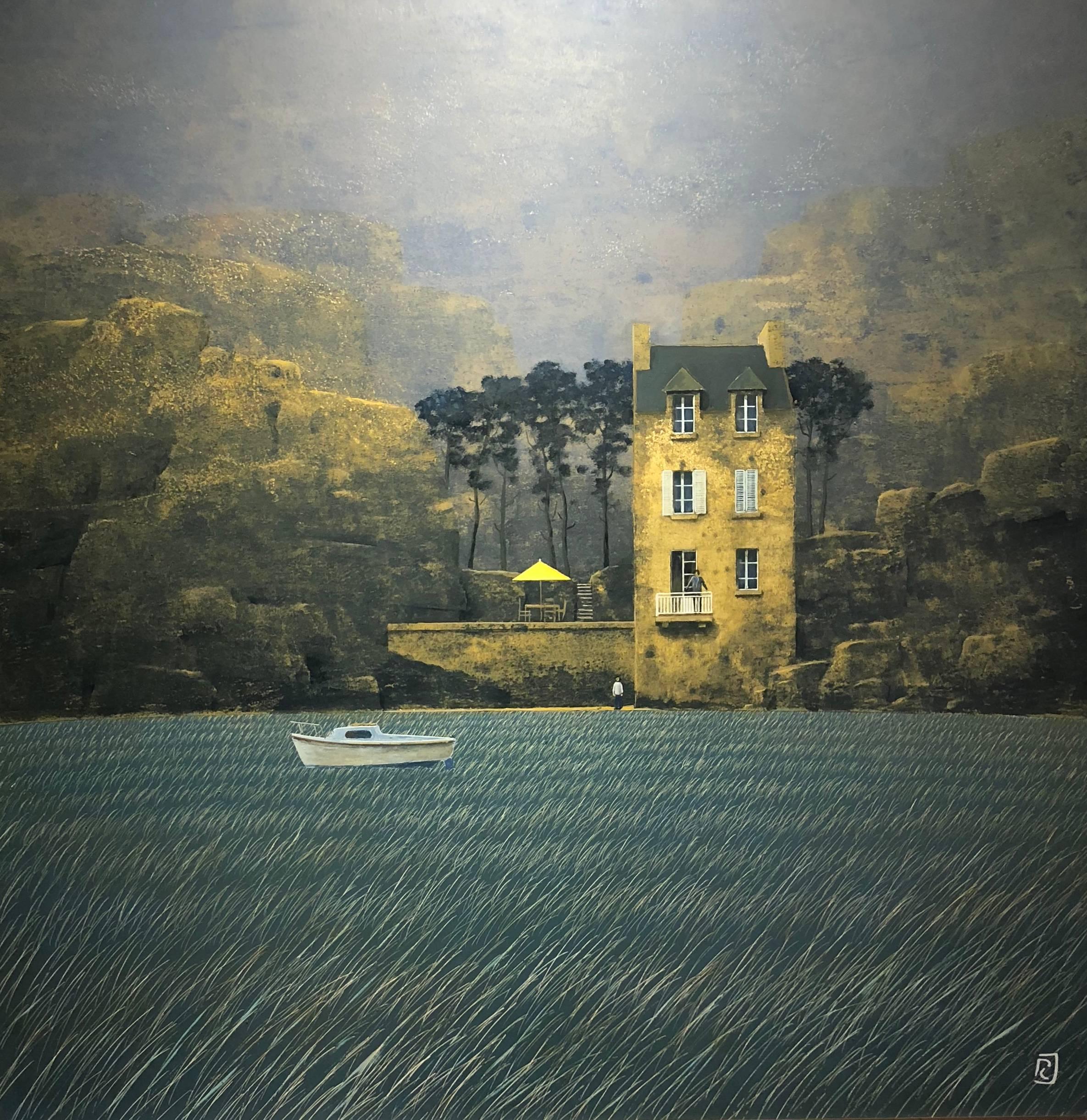 Philippe Charles Jacquet Landscape Painting - le parapluie jaune, oil paint on board