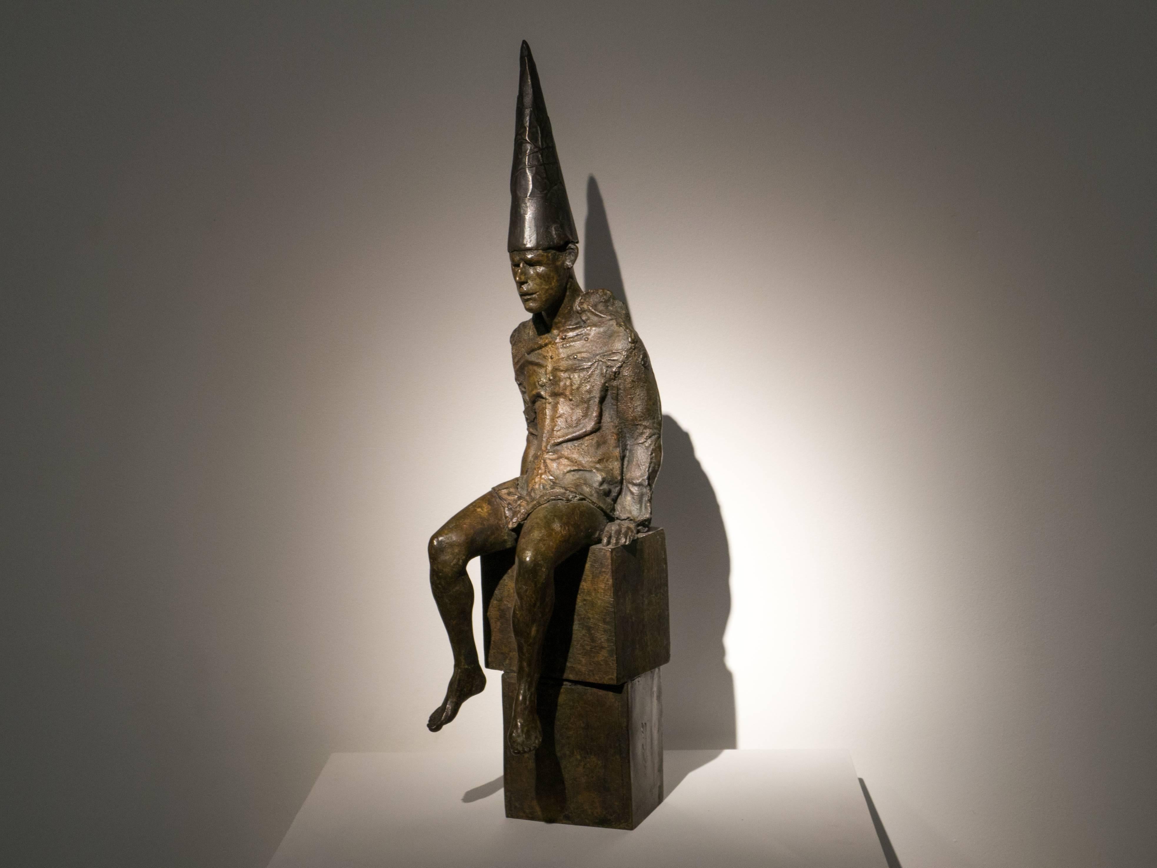 Dunce, bronze sculpture - Gold Figurative Sculpture by Beth Carter