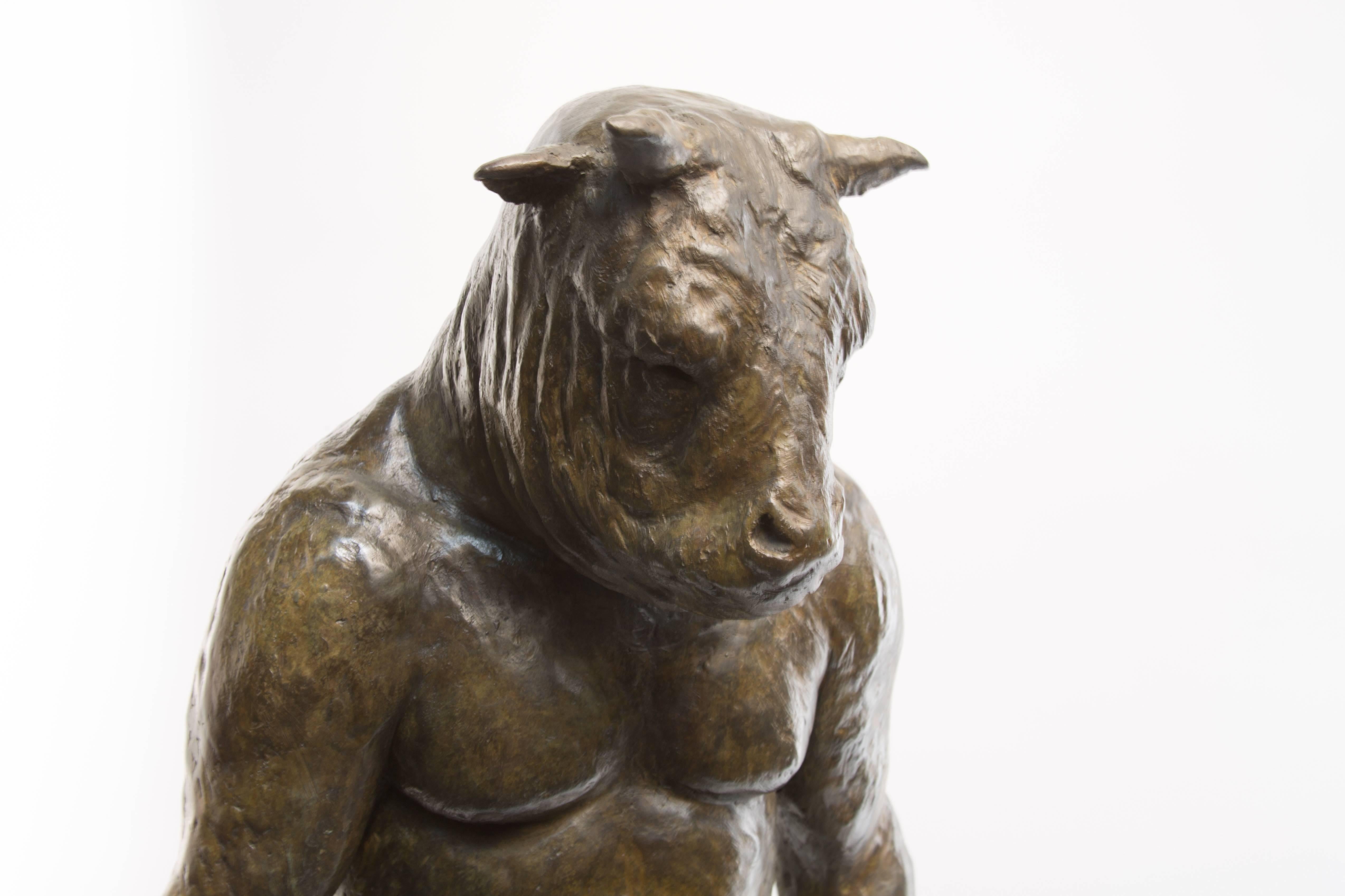 Standing Minotaur II, bronze sculpture - Gold Nude Sculpture by Beth Carter