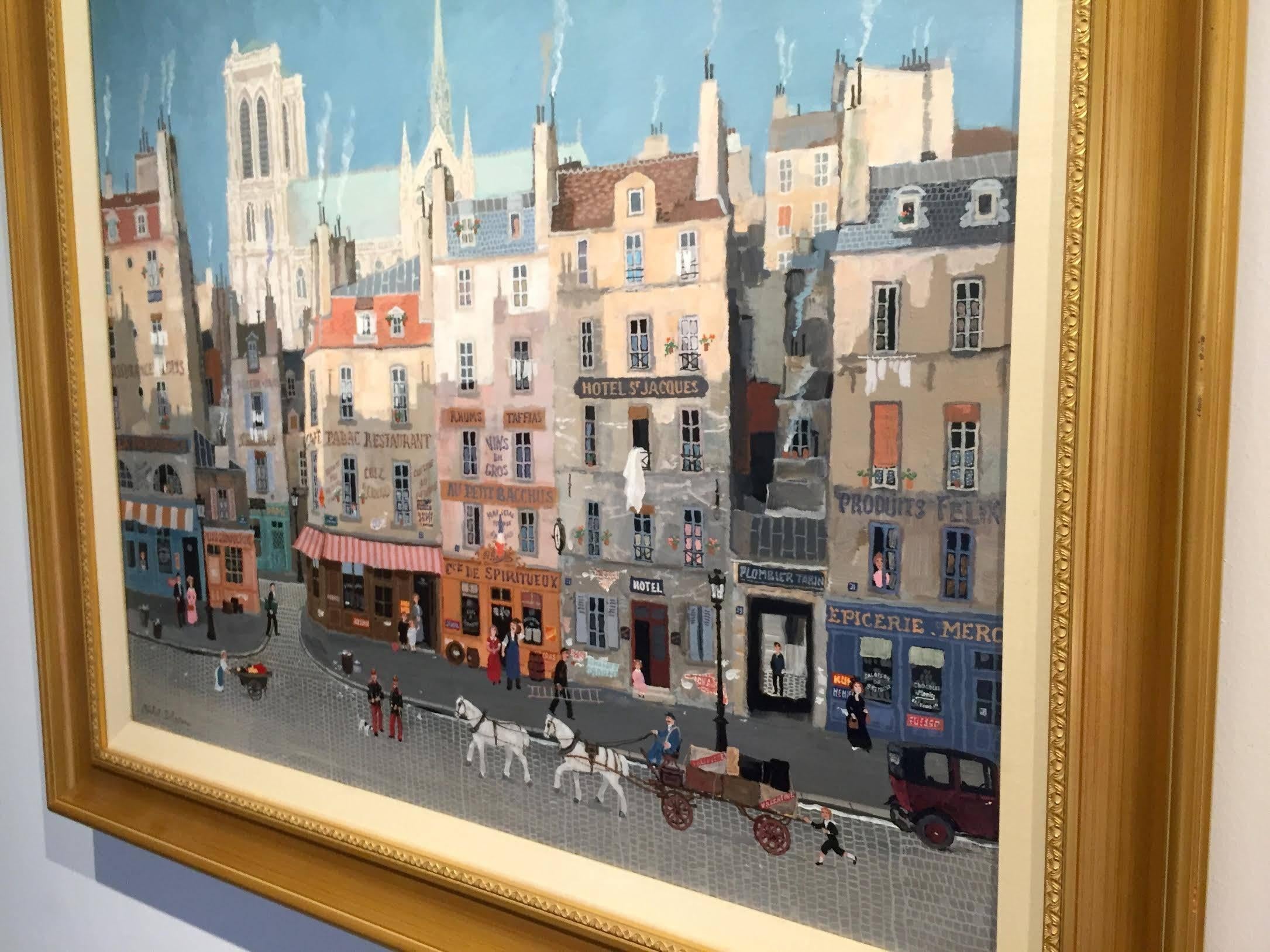 This impressionist acrylic painting shows the city of Paris with the Notre Dame in the background. The color palette is soft and bright, offering a quaint and inviting atmosphere.

Michel Delacroix was born in 1933 on the Left Bank, in the 14th