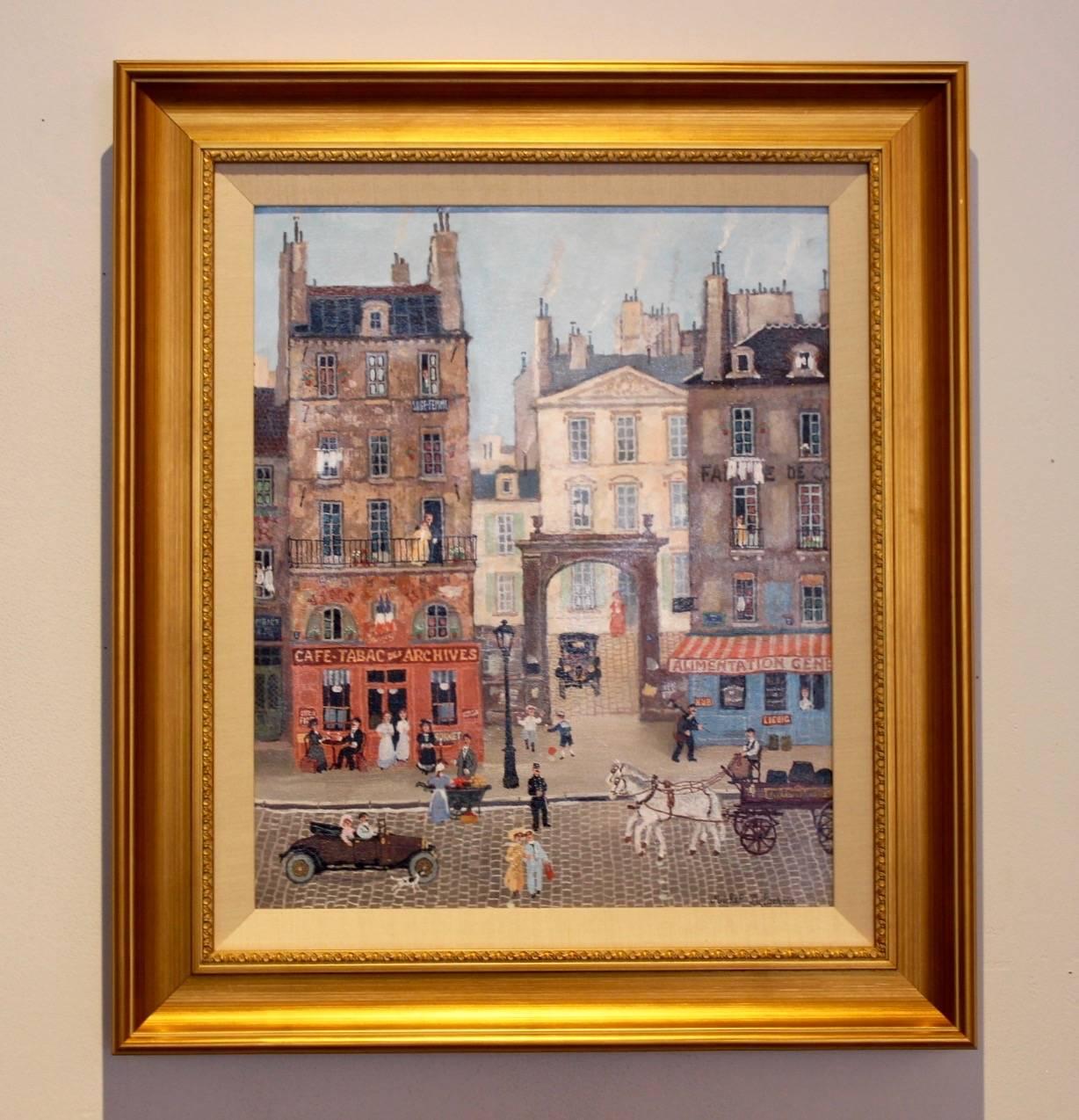 French impressionistic cityscape, takes place in Paris, figures  walking on cobblestone, street life, accents of red, urban smoke

Michel Delacroix was born in 1933 on the Left Bank, in the 14th Arrondissement of Paris. He started painting at the