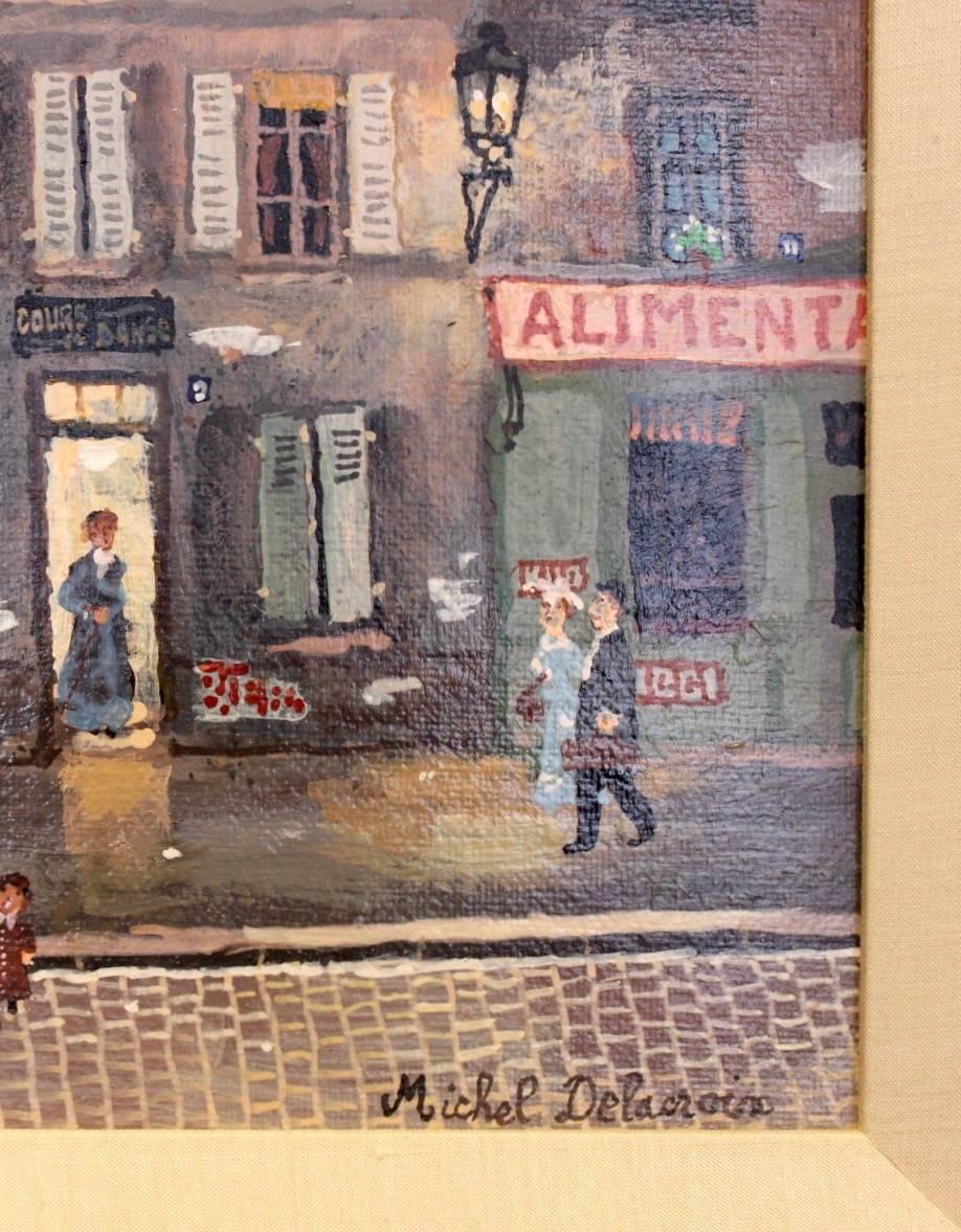 This impressionist acrylic painting painting depicts Parisian morning life as people and horses are walking in the streets, and buildings with chimney smoke fade into the distance. The color palette is muted, using soft greys and browns in order to