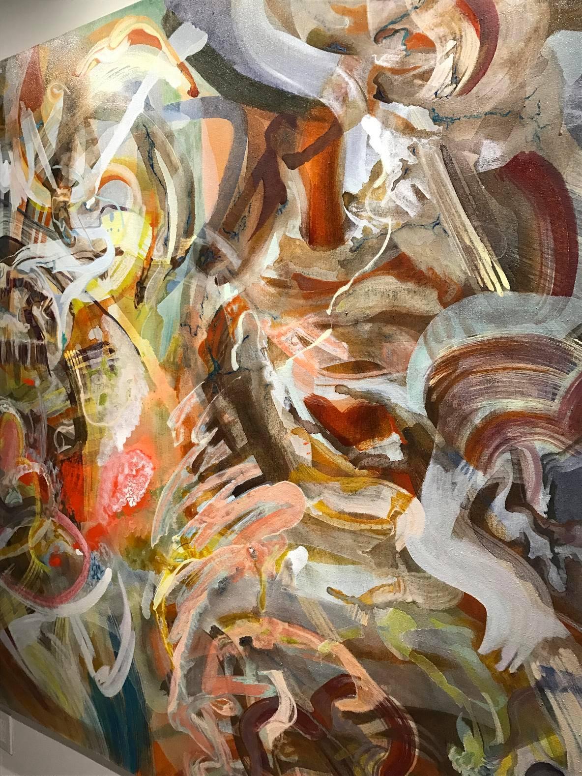 To What Begins To Be, oil and acrylic paint with wax on linen - Abstract Painting by Kim Sobel