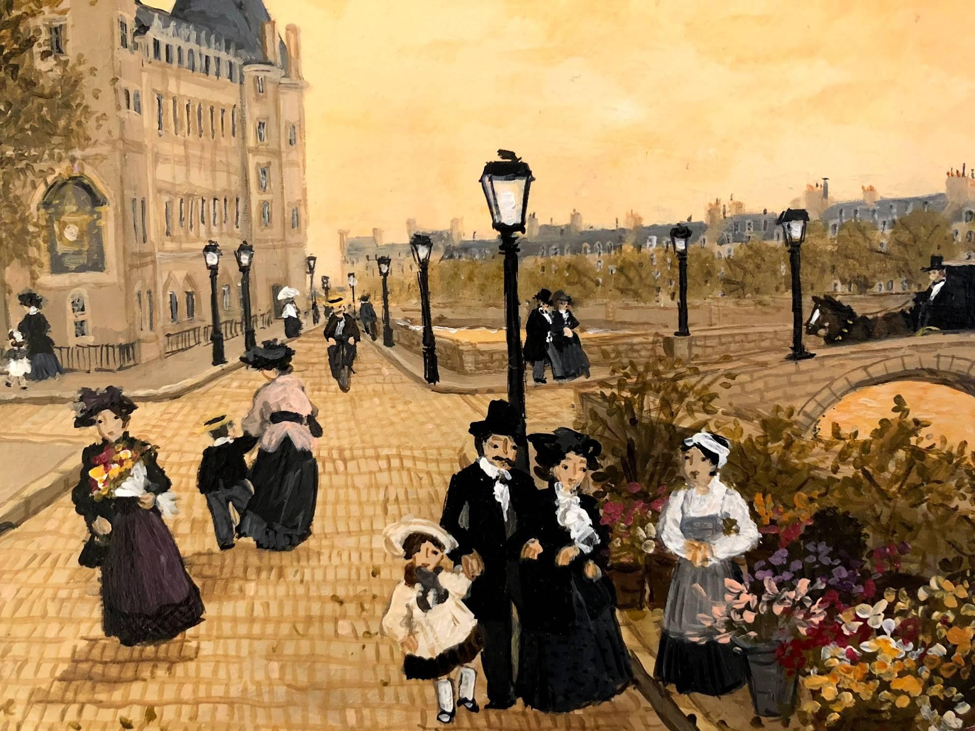 This charming acrylic painting depicts Parisian lifestyle with families and children walking along the Seine under street lamps. Using warm tones of orange, the painting creates a charming and lively atmosphere.

Fabienne Delacroix is the youngest
