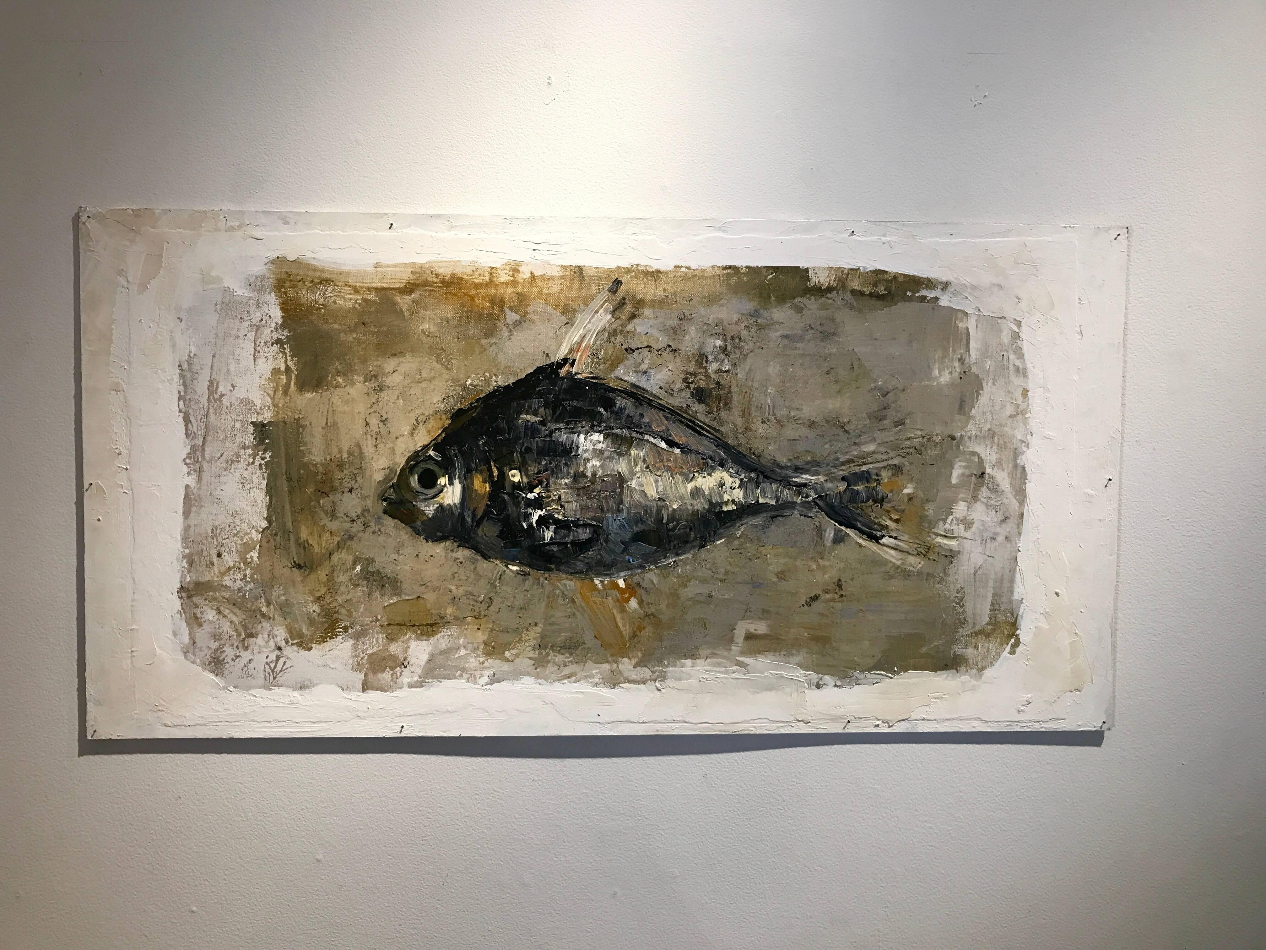waxy texture with palette knife, neutrals and white tones, portrait of fish on the center, roughly painted border, painterly and antique style

Ġoxwa (also written Goxwa) began painting at a very young age and enrolled at the Saint Martin School of