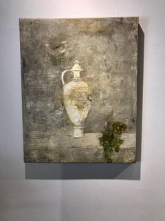 Vase and Grapes, oil paint and wax on canvas