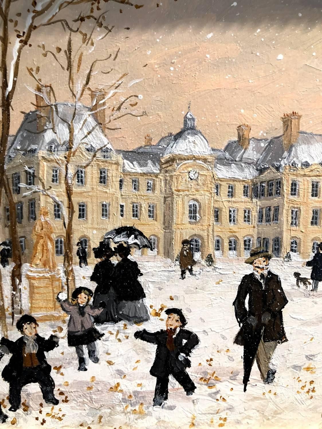 This charming Acrylic Painting depicts Paris in the 19th century as children and families run around on the Jardin du Luxembourg with snow on the ground. The pale, bring pinks and whites create a warm and playful atmosphere.

Fabienne Delacroix is