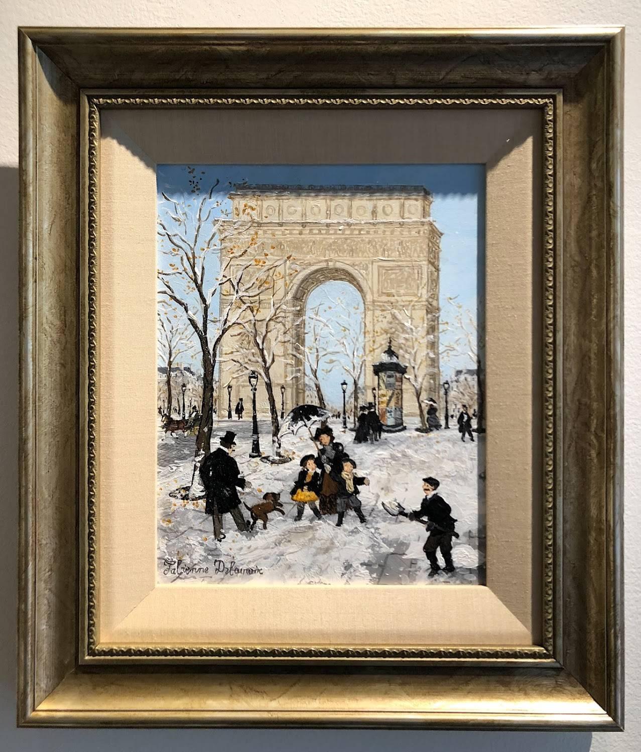 This charming acrylic painting depicts Parisian lifestyle as families walk through the snow-covered city streets with the Champs Elysees in the background. The painting uses bright blues and whites to depict the fresh winter air.

Fabienne Delacroix