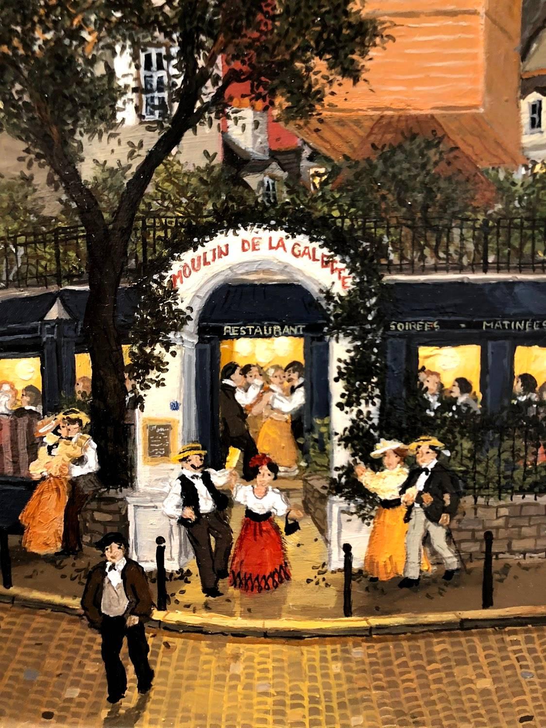 This acrylic painting on board illustrates the busy and dynamic Parisian night life at a Moulin restaurant, with warm and inviting interiors and people dancing on the sidewalk.

Fabienne Delacroix is the youngest child of the master naïf painter