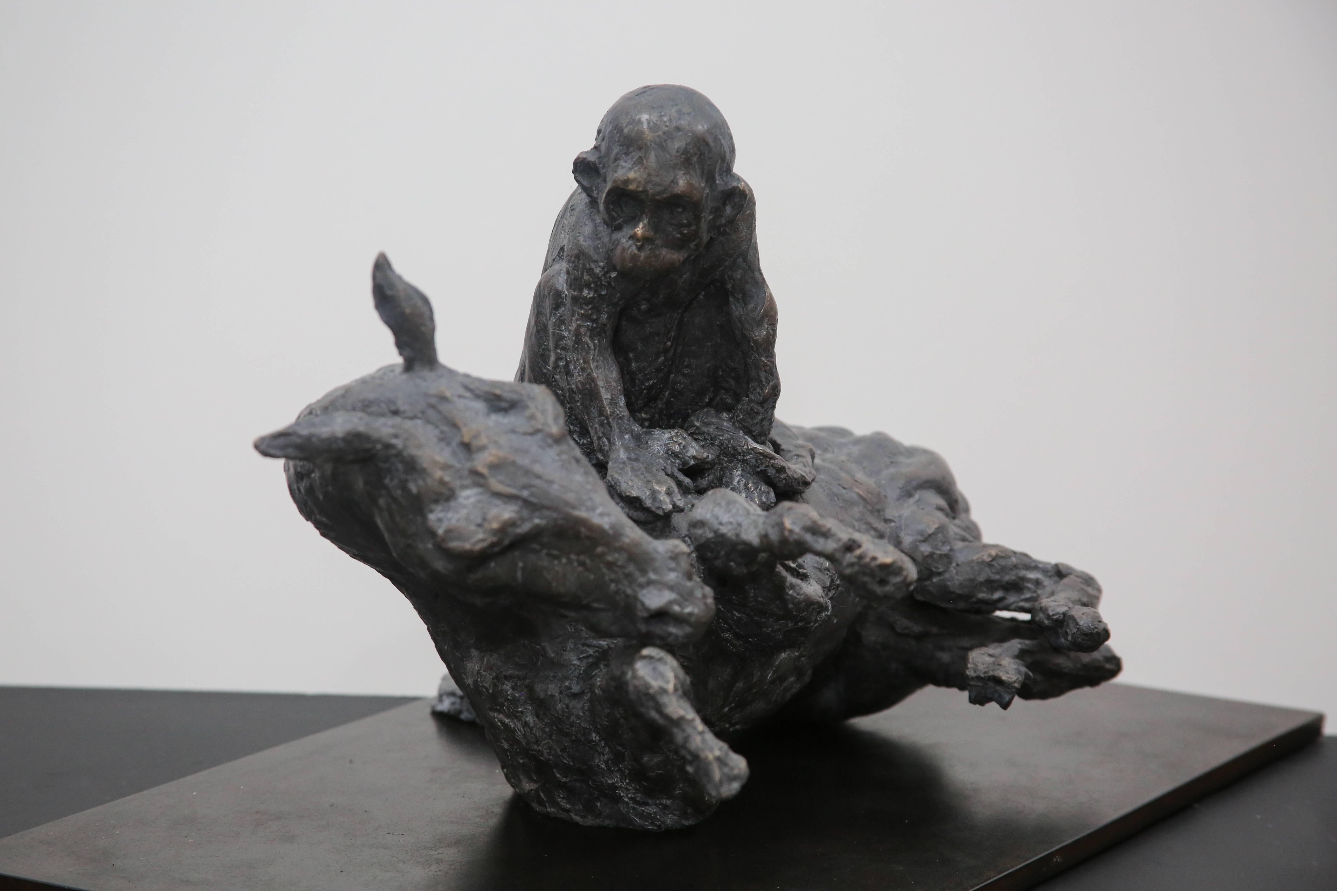 Monkey and Horse, bronze sculpture - Sculpture by Beth Carter