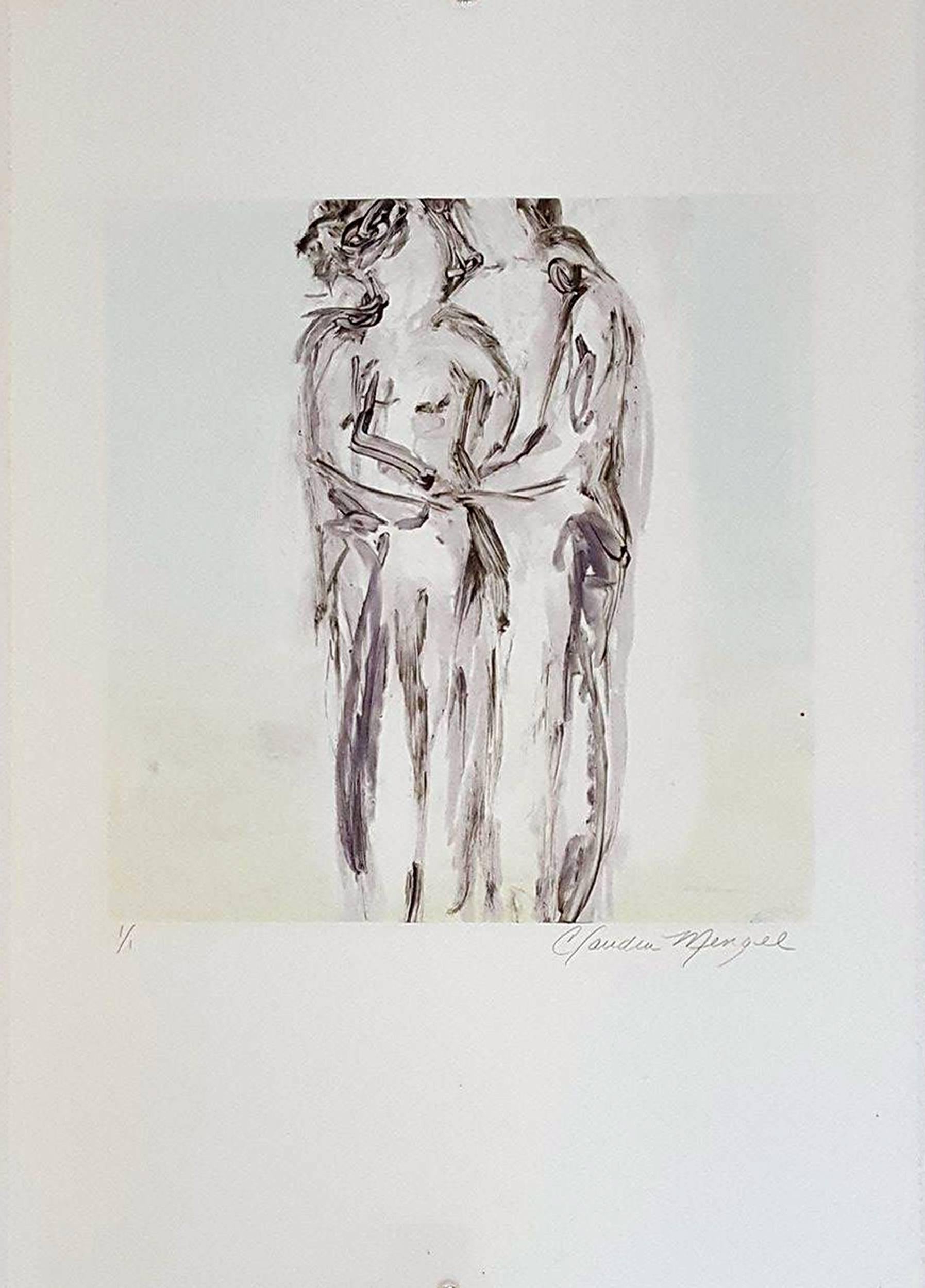 Two Figures Embracing - Print by Claudia Mengel
