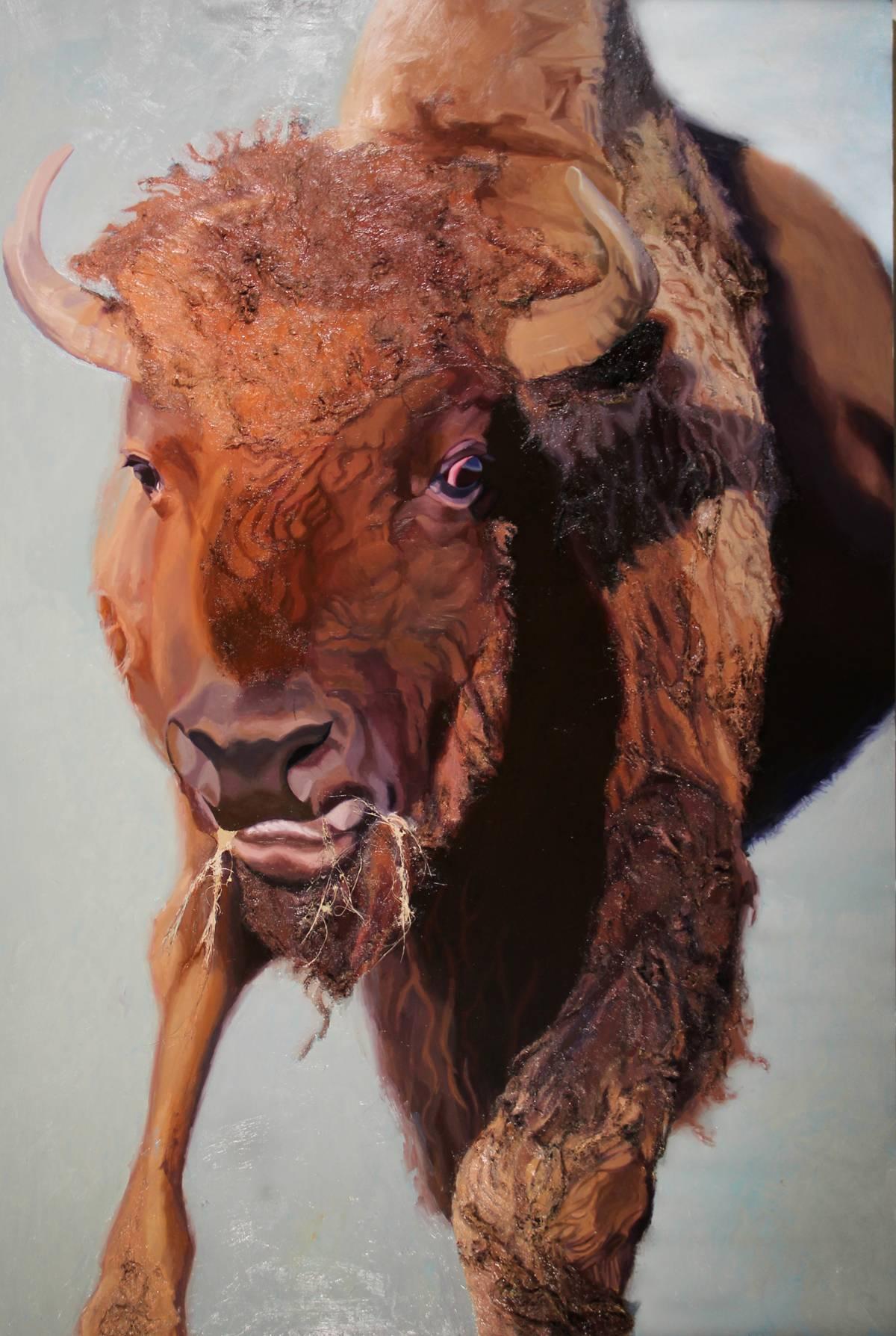 Cheryl Agulnick Hochberg Animal Painting - Unkempt Young Buffalo