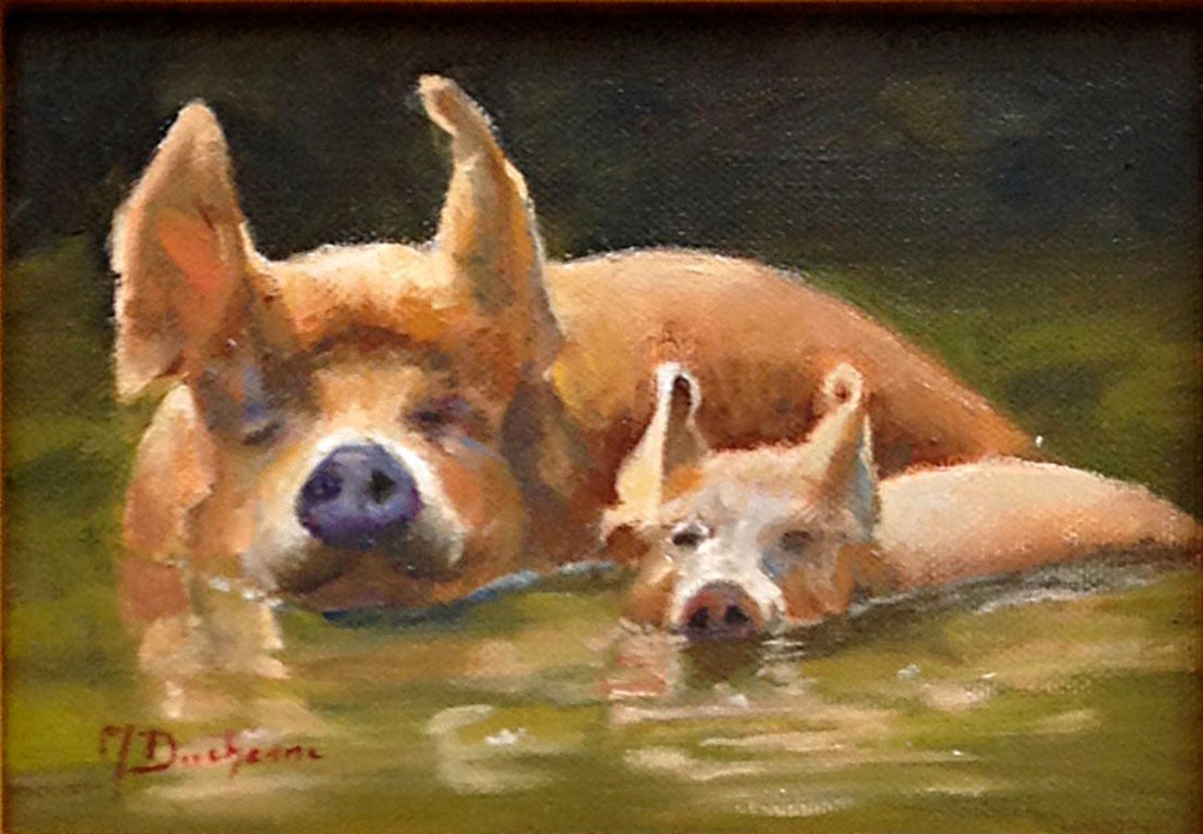 Mommy and Piglet - Painting by Mireille Duchesne