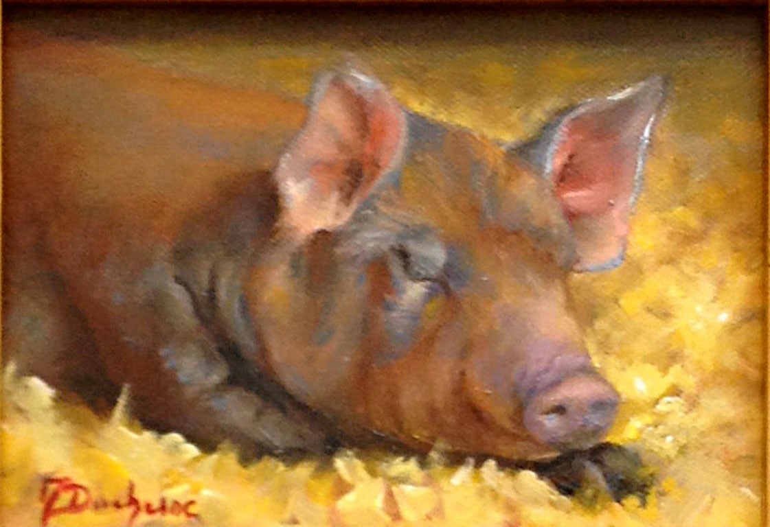 Sleeping Piglet - Impressionist Painting by Mireille Duchesne