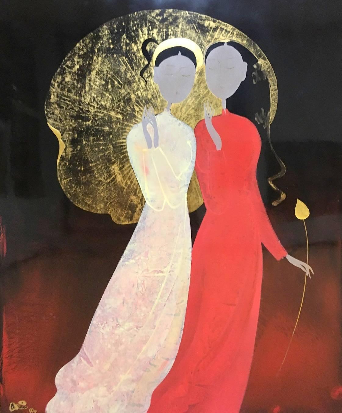 Figurative Painting Dinh Quan - peinture de portrait figuratif "Sisters" avec accents de feuille d'or
