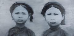"Indochine Sisters" by Nguyen Quang Huy Oil on Canvas Portrait Black Blue Grey