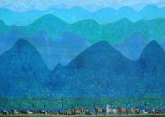 "Walking Through Mountains" by Quach Dong Phuong  Oil on Canvas Mixed Media Blue