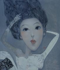 ""Tanzendes Mädchen"" von Nguyen Van Cuong Öl auf Leinwand, Porträtgemälde in Blau und Grau 