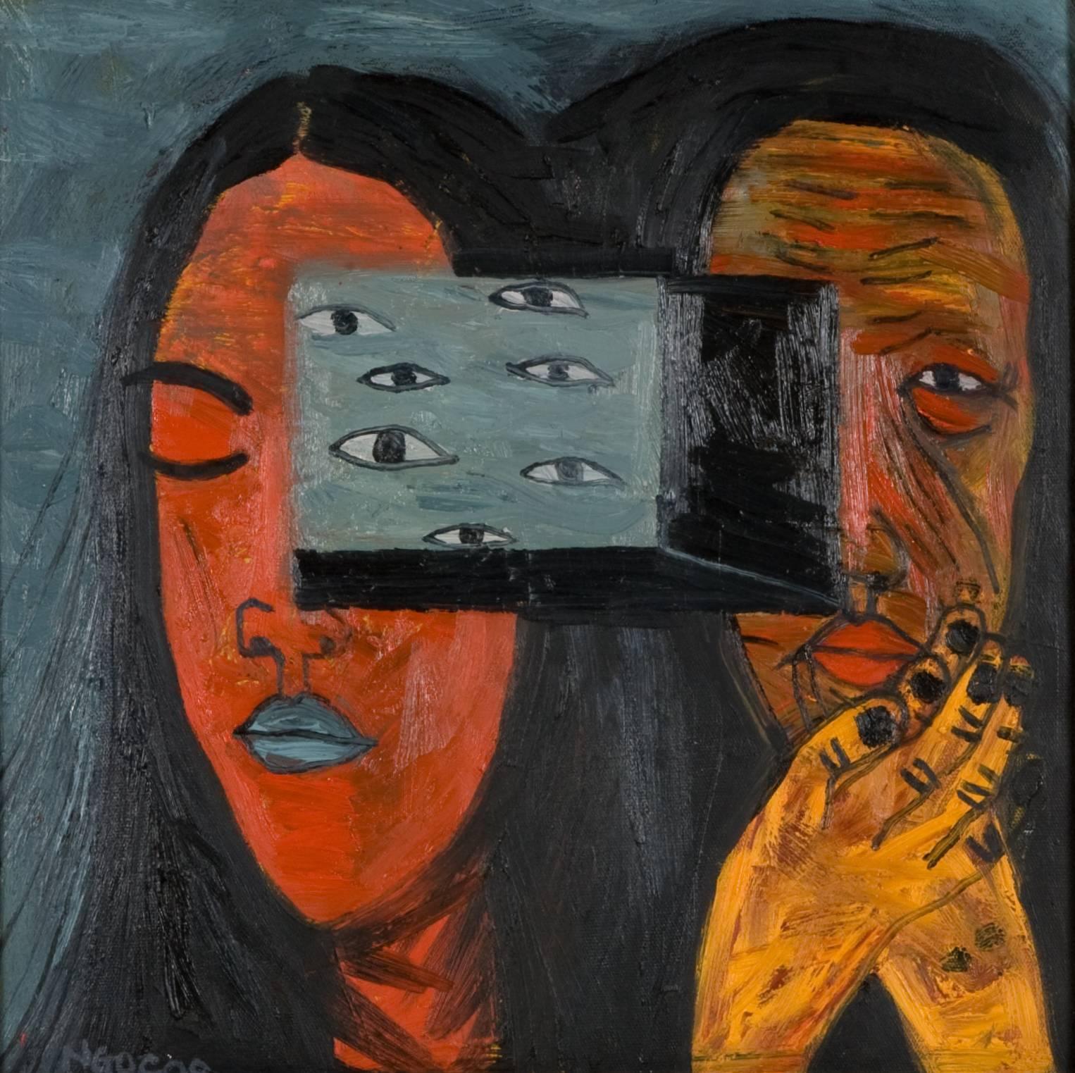 "Los ojos de la abuela" Pintura Retrato con azul anaranjado  y Oro